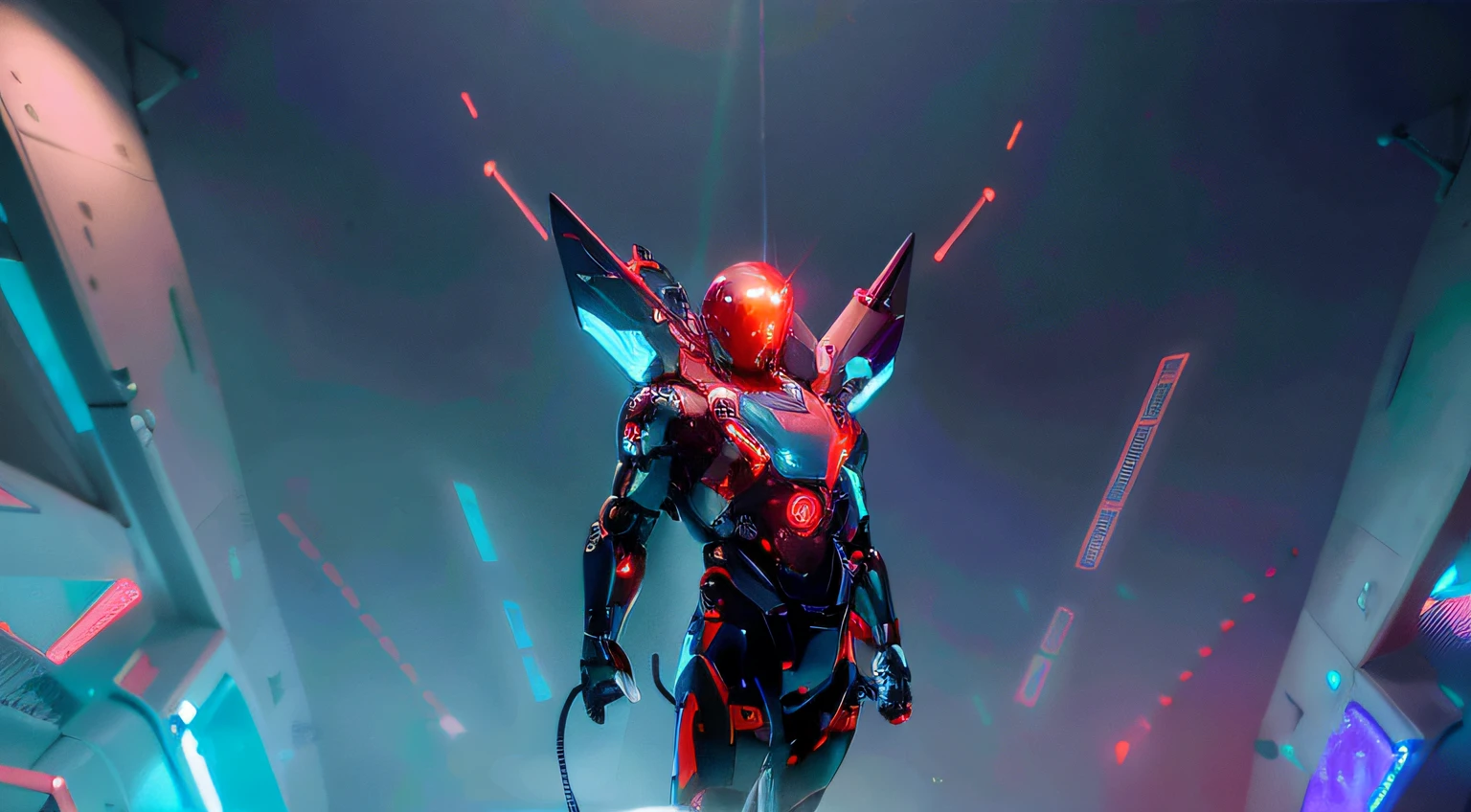 rainbow divine paradise. heavenly illumination. God. Holy robotic. levitating. Position of god. Floating in a cathedral. strong, robust and masculine body. fat arms. Position of divinity. Floating. divine statue, pedestal, holy pedestal. levitating. masterpiece, best quality, a close up of a futuristic looking cyborg man with a fantastic cyber helmet head with red and blue triangle led lights and a halo, full body, dancing. dance. synthwave ballad. silver pants. wearing a red and blue techwear jacket, white church in background. jump, full body, robotic legs. divine statue, pedestal, holy pedestal.