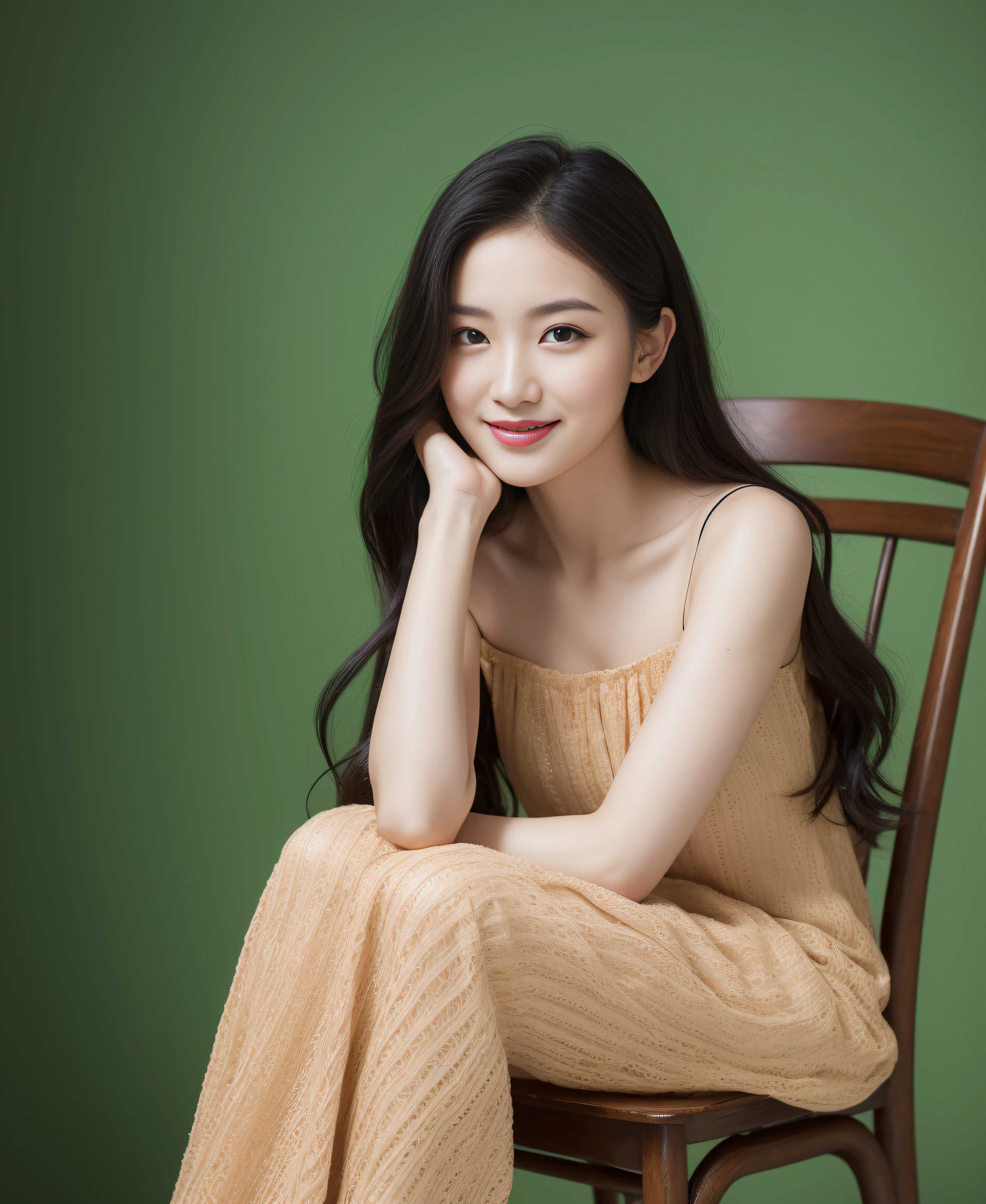 ((Top quality, 8K, Masterpiece: 1.3)), Beauty, Pure, Melon face, Kind and cute, Sweet smile, Pure desire, Slender body, (Front), (Tilted head), ((Looking at camera)) , Wearing a patterned dress, black silky long hair, long shoulders, round black big eyes, clear big eyes, moist red lips, sweet, sitting on a chair, museum background, (((full body))),