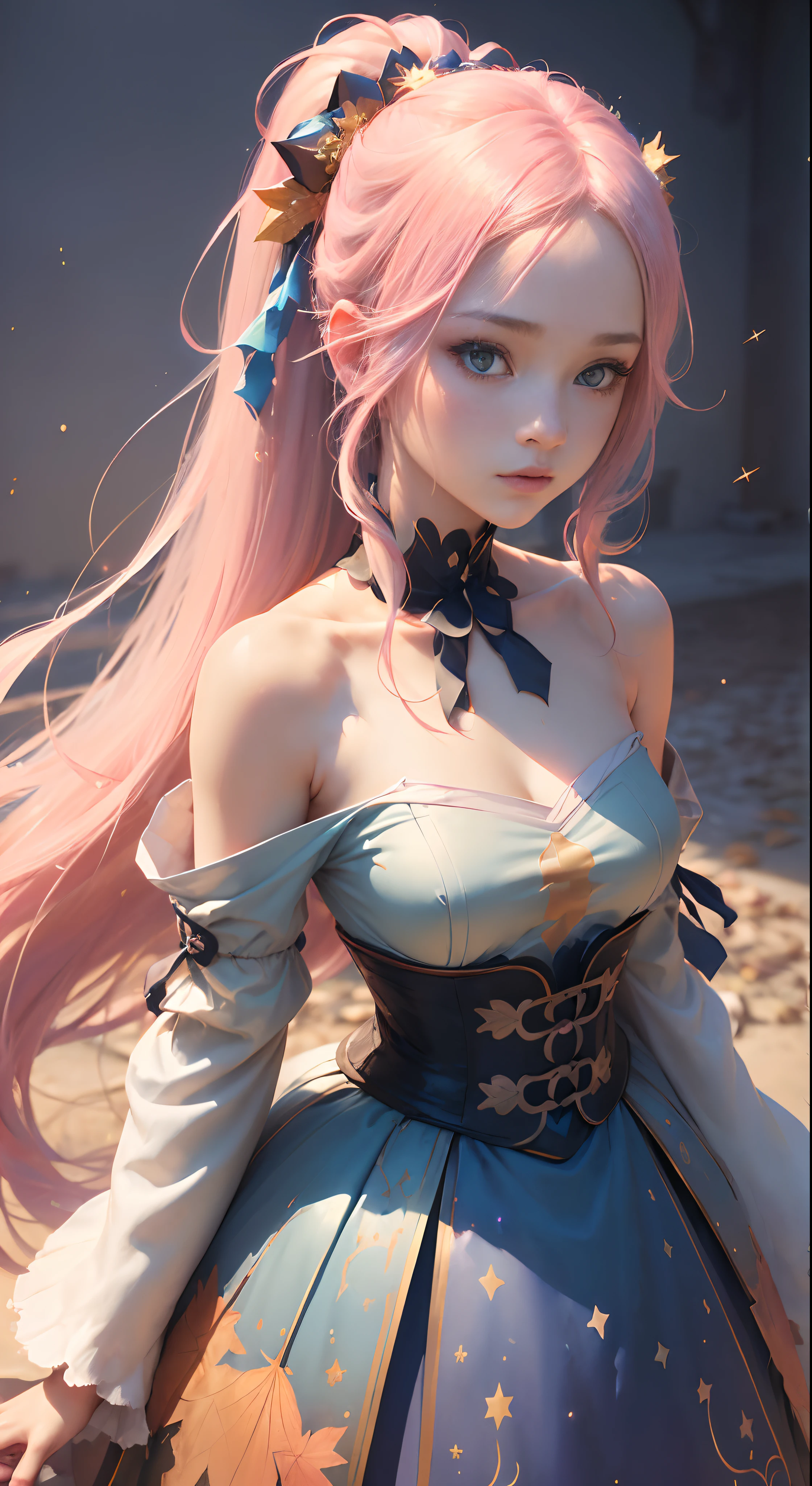 (Masterpiece), (Best Quality), (Super Detailed), (Dirty Hair), (Illustration), (1 Girl) (Long Pink Hair 1.5) (Blue Eyes) (Double Ponytail 2.0), ((((No Shoulders))),Hanfu, (Looking at the Audience, (Interview), (Simple Background), Beautiful and Delicate Eyes, Delicate Beautiful Face, Soaring (High Saturation), (Colorful Glitter), Multi-colored Bubbles, (Glitter), Accent on Face, PerfectNwsjMajic, conservative clothes, Shoulderless, autumn clothes, facing the masses, perfect figure,extra detailed left eye,extra detailed right eye