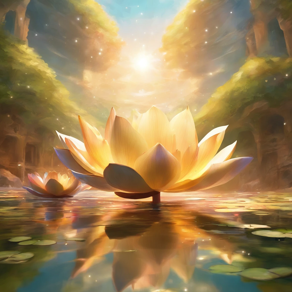 Lotus leaf, lotuses, Eau, zen feeling, (Chinese Courtyard 1.5), rays of sunshine, (The sun shines on the lotus), partially underwater shot, symmetry, polar opposites, close-up, Romanticism, Op art, Contemporary art, Luminism, cinematic lighting, sparkle, god rays, ray tracing, UHD, retina, masterpiece, ccurate, super detail, anatomically correct, high details, high quality, award winning, best quality, highres, 16k