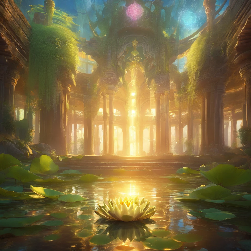 Lotus leaf, lotuses, Eau, zen feeling, （Chinese Courtyard 1.5）, rays of sunshine, （The sun shines on the lotus）, partially underwater shot, symmetry, polar opposites, close-up, Romanticism, Op art, Contemporary art, Luminism, cinematic lighting, sparkle, god rays, ray tracing, UHD, retina, masterpiece, ccurate, super detail, anatomically correct, high details, high quality, award winning, best quality, highres, 16k