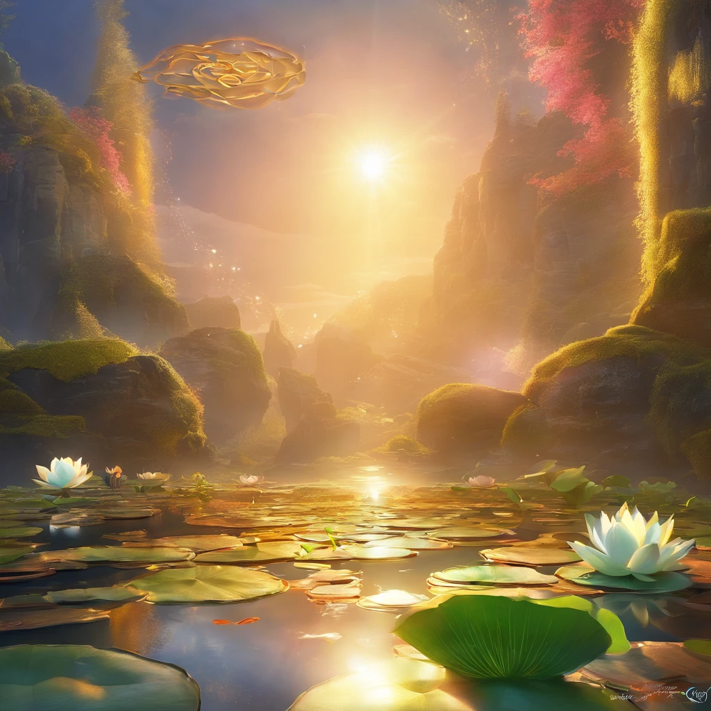 Lotus leaf, lotuses, Eau, zen feeling, （Chinese Courtyard 1.5）, rays of sunshine, （The sun shines on the lotus）, partially underwater shot, symmetry, polar opposites, close-up, Romanticism, Op art, Contemporary art, Luminism, cinematic lighting, sparkle, god rays, ray tracing, UHD, retina, masterpiece, ccurate, super detail, anatomically correct, high details, high quality, award winning, best quality, highres, 16k
