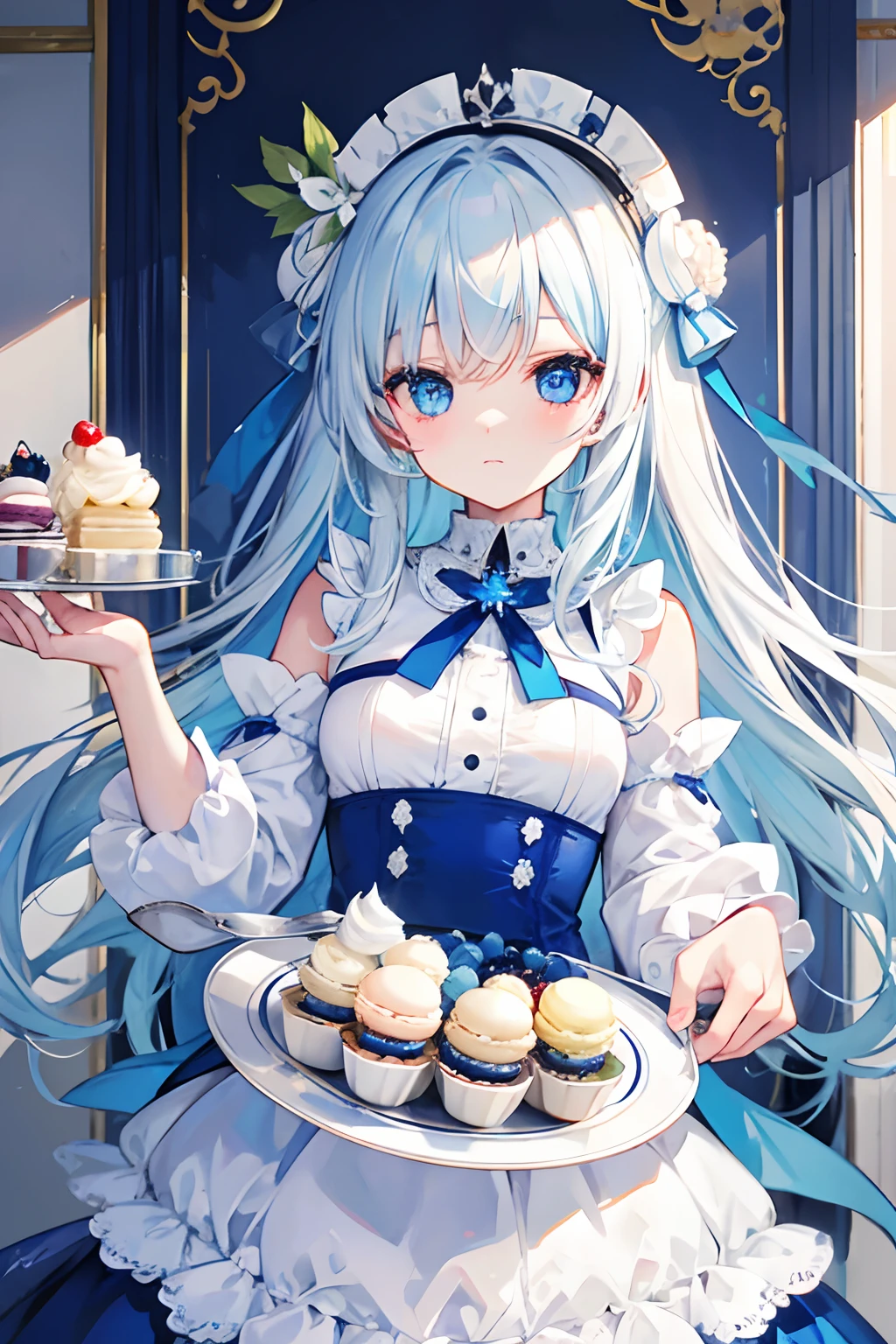 blue color eyes,long white hair,icecream,Cream cake,macaron,blue berry,the fruits