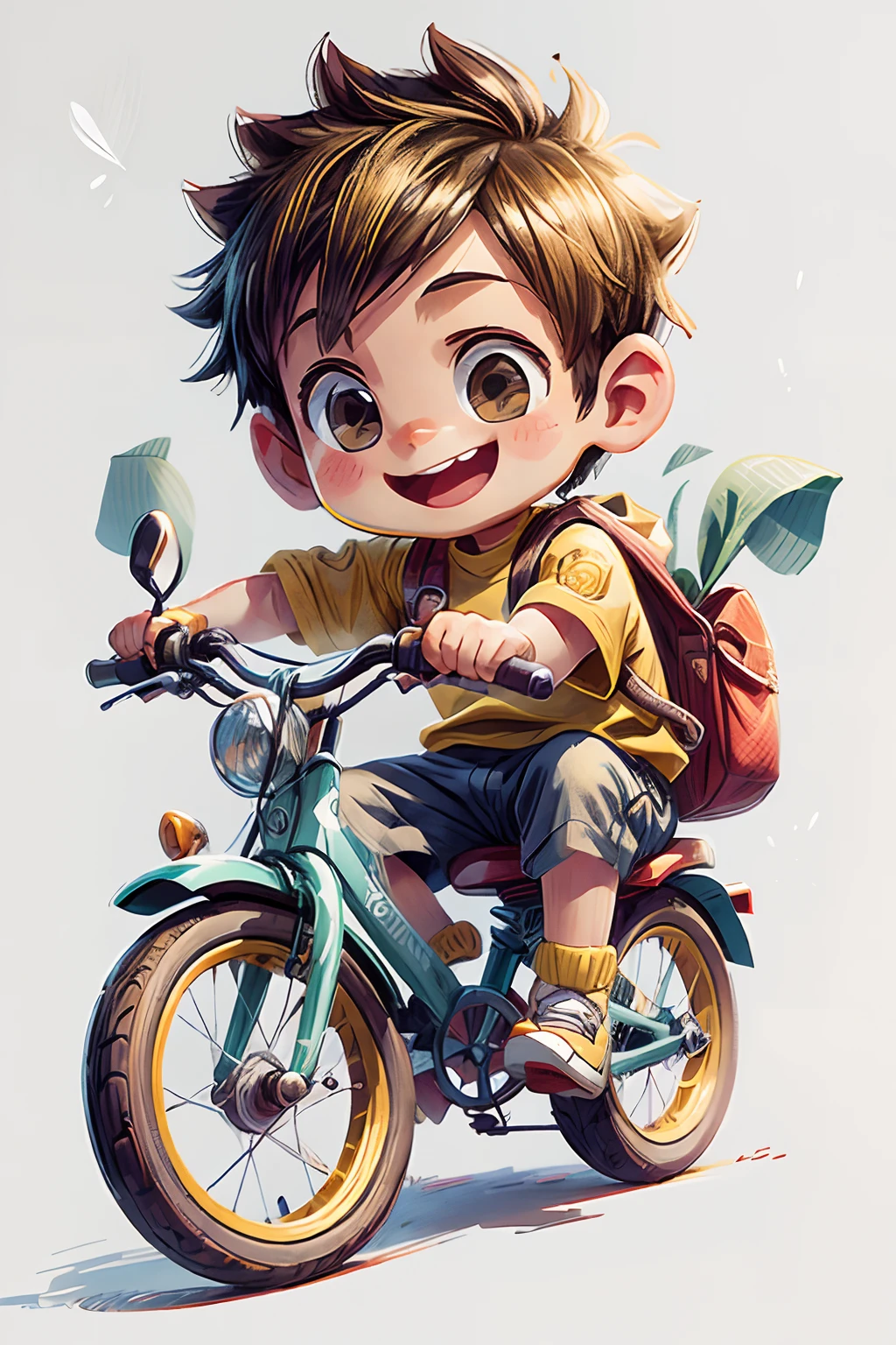 a boy riding a tricycle bike , white background, close up, smiling , yellow colour, chibi