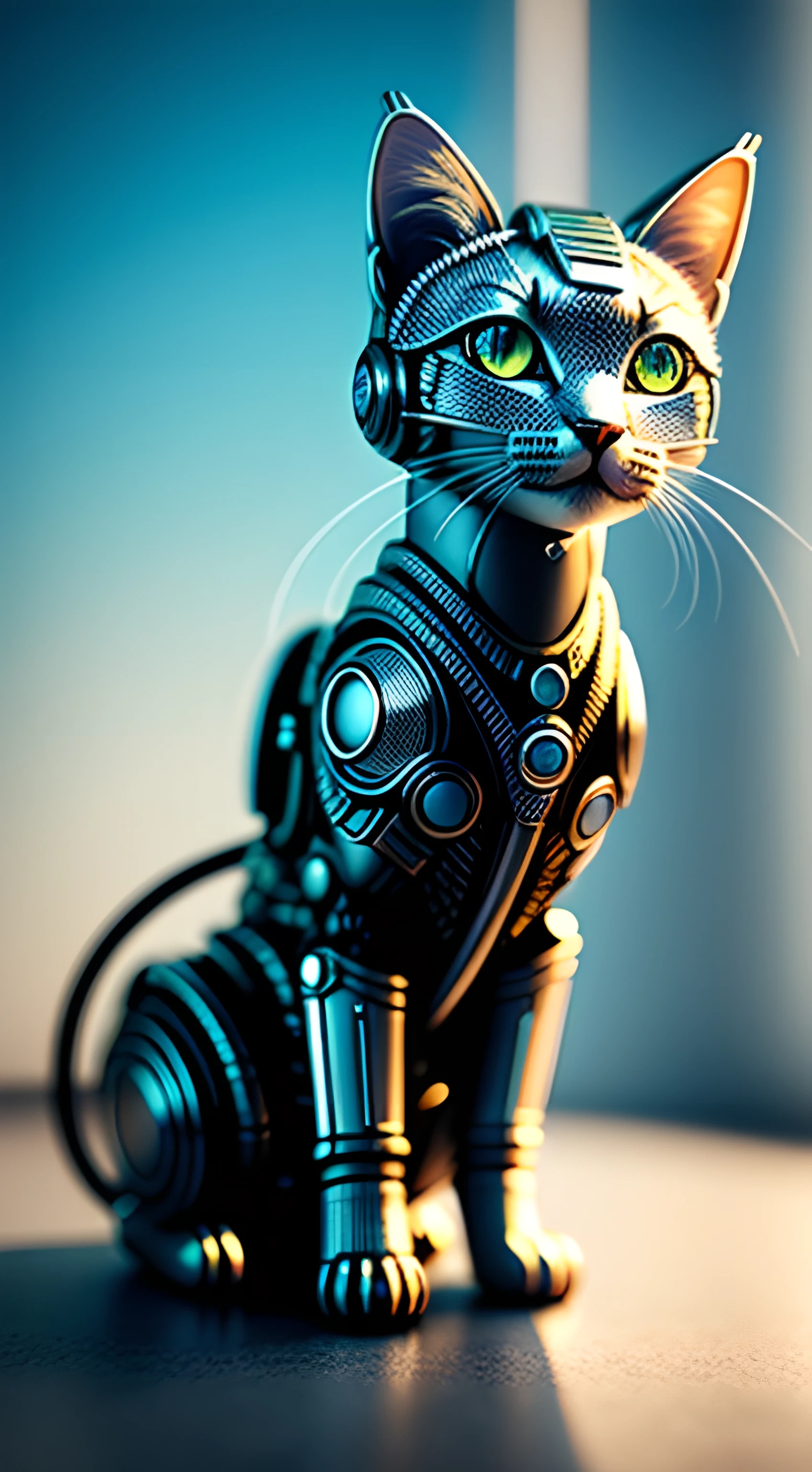 A cute kitten made of metal, (cyborg:1.1), ([tail|detailed wire]:1.3), (intricate detail), hdr, (intricate detail, hyperdetailed:1.2), cine footage, halo shadow, centered