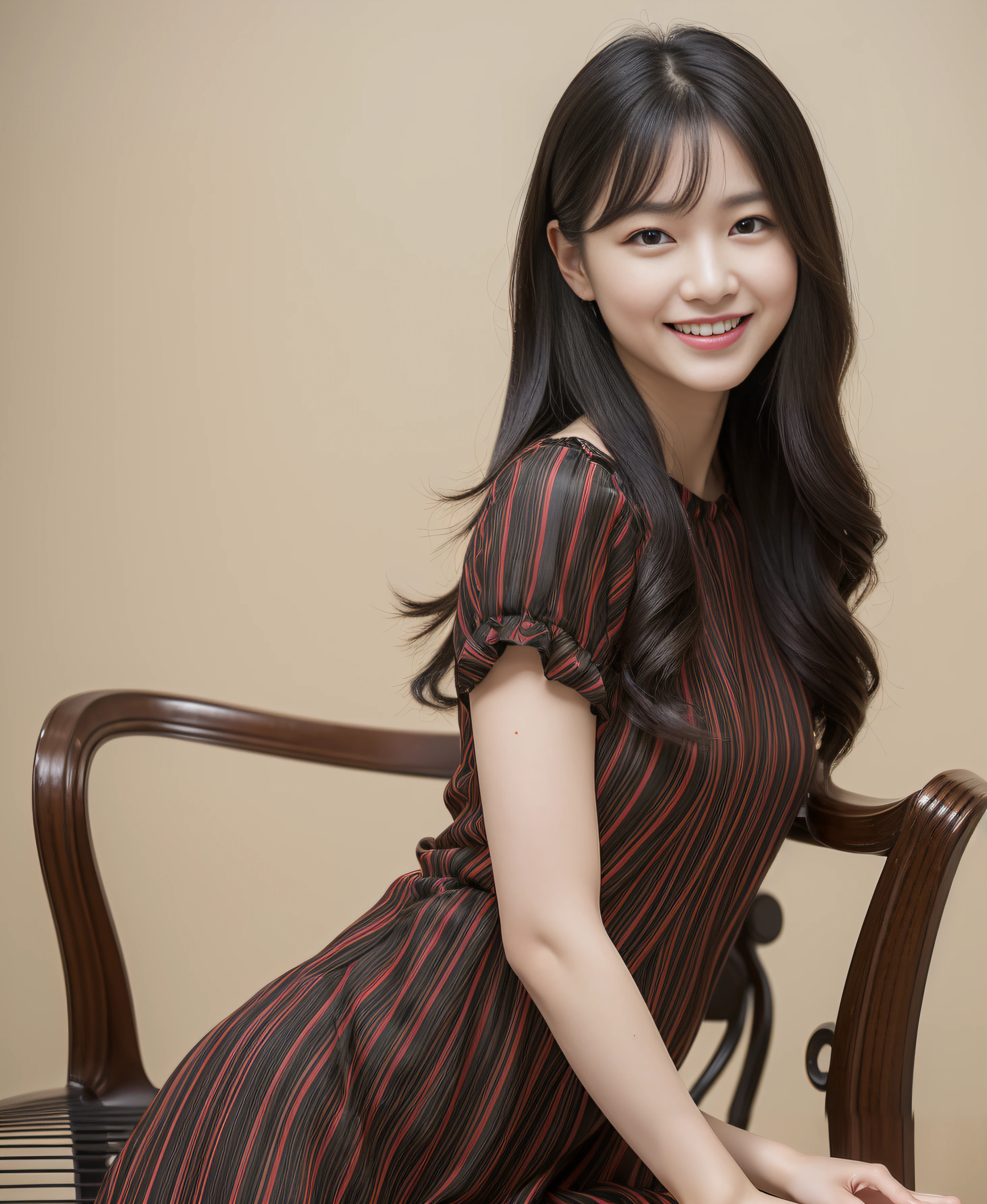 ((Top quality, 8K, Masterpiece: 1.3)), Beauty, Pure, Melon face, Kind and cute, Sweet smile, Pure desire, Slender body, (Front), (Tilted head), ((Looking at camera)) , Wearing a patterned dress, black silky long hair, long shoulders, round black big eyes, clear big eyes, moist red lips, sweet, sitting on a chair, museum background, (((full body))),