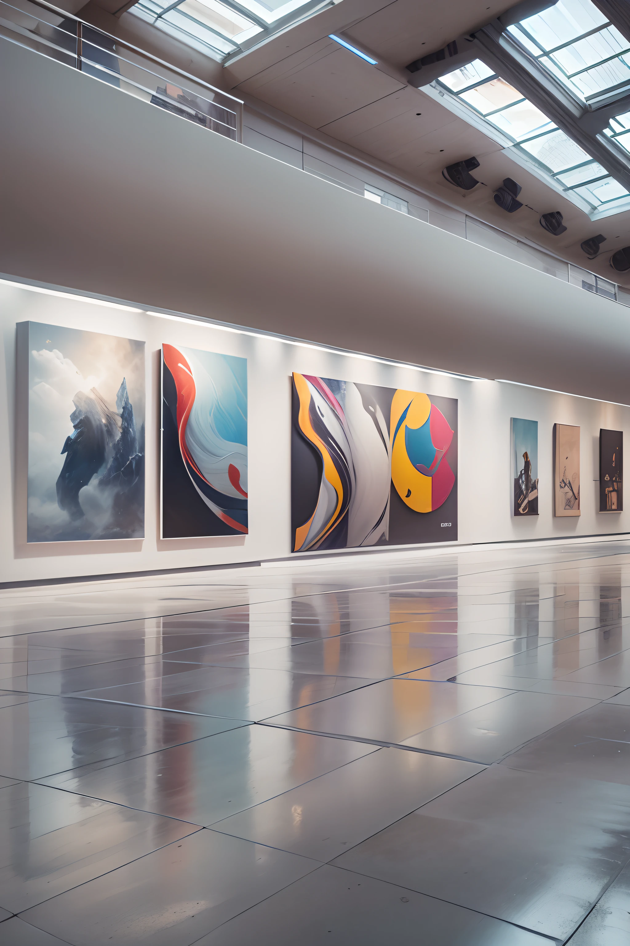 Art exhibitions,There is a wall in the middle of the exhibition hall,The painting on the wall is in the middle, Paintings on the walls, skyscape, Large airy windows, Zaha Hadid and Santiago Calatrava landscape panoramic style, Fish, Clear light, Edge lighting, Perfect image, Building summary style, 16k UE5. superfine, 8K, hdr, Product photography, Depth of field, Nikon D850, Ultra-realistic, no contrast, clean sharp focus, professional, No blurring