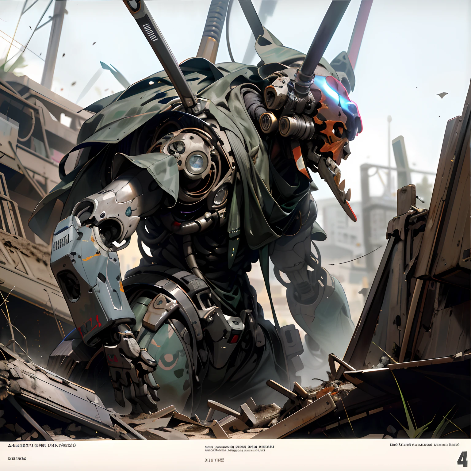 there is a robot that is standing in the dirt, estilo craig mullins, Craig Mullins Greg Rutkowski, Craig Mullins Nekro, inspirado em Craig Mullins, Directed by: Craig Mullins, painterly humanoid mecha, Greg Rutkowski e Krenz Cushart, Artgerm Craig Mullins, Wlop e Krenz Cushart, face de caveira, skull, usando um capuz, Mech descartado no fundo