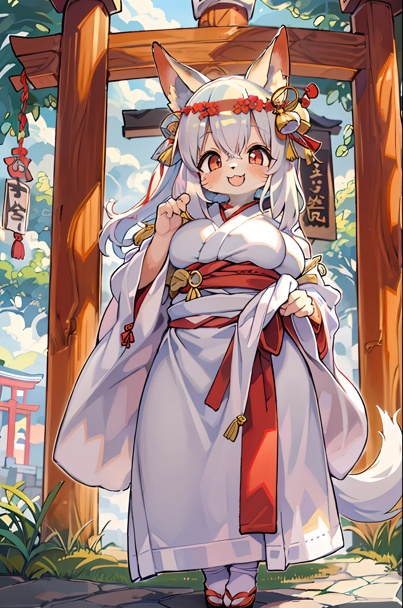 Fox Woman、body covered with fur、huge-breasted、kawaii、shrine maiden、Japan white clothes,Red Hakama、torii gate,summer day、From below、Wide Shot、A big smile、bbw、thick thight、big butts、Ultramammy,chibi,Nanachi