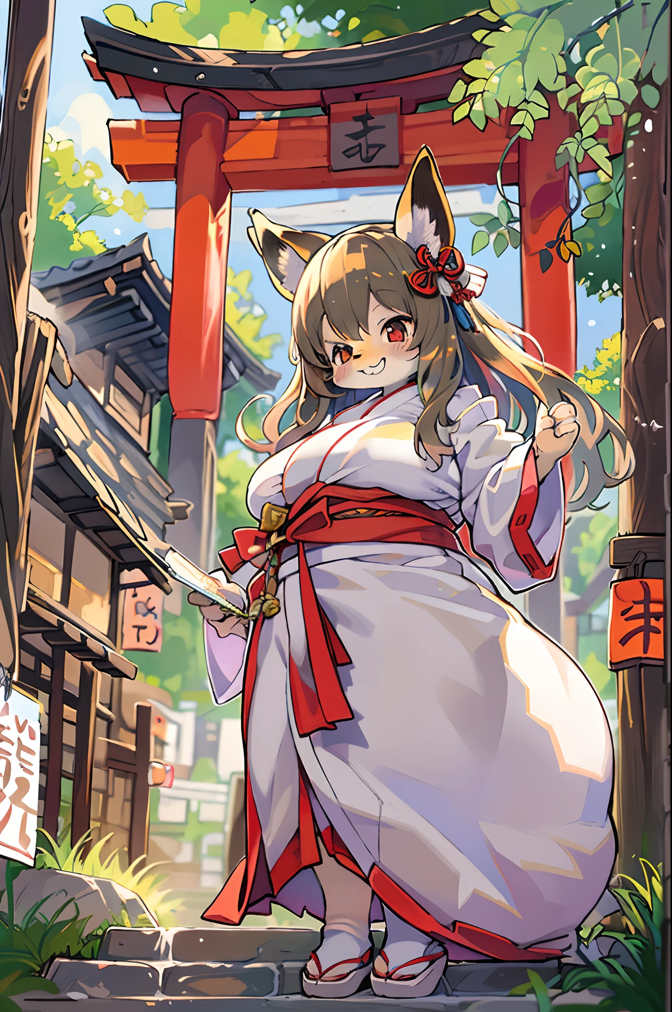 Fox Woman、body covered with fur、huge-breasted、kawaii、shrine maiden、Japan white clothes,Red Hakama、torii gate,summer day、From below、Wide Shot、A big smile、bbw、thick thight、big butts、Ultramammy,chibi,Nanachi