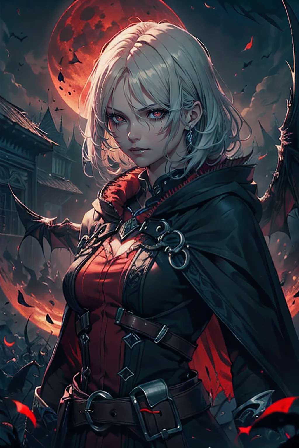 devil may cry (series), Long black cloak, ((A red moon floats in the pitch-black darkness)),(Flying in the air),white hair、Longsword in right hand、gun on waist、(red pupils)、well-muscled、1 bat、Medium hair、Very detailed CG unified 8k wallpaper, very precise detailed, very fine 8KCG wallpapers,delicate glow, realistic, Stereoscopic feeling,Authentic and detailed face,beautiful detailed Glass hair,