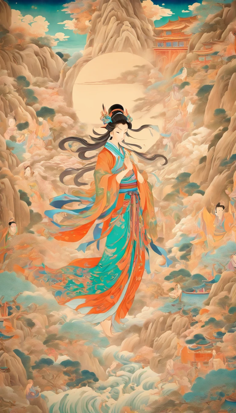 Wall paintings,Ultra-high sharpness,themoon,Grandiose scenes,Colorful colorful,Bright colors,Dunhuang murals,