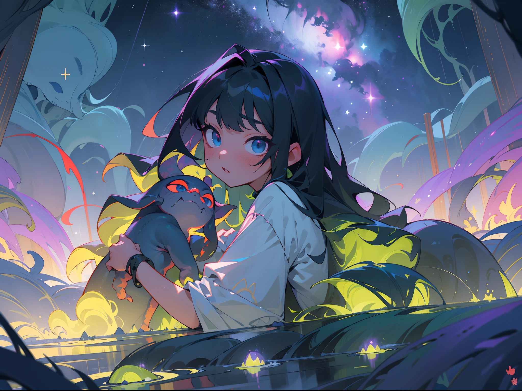 tmasterpiece,Best quality at best),highly details, Ultra-detailed 8K, 超高分辨率,kosmos,starlights,Huge algae,Cthulhu,tentaculata,starrysky,black hole,Bask in starlight,perfect compositions,Black and blue-violet