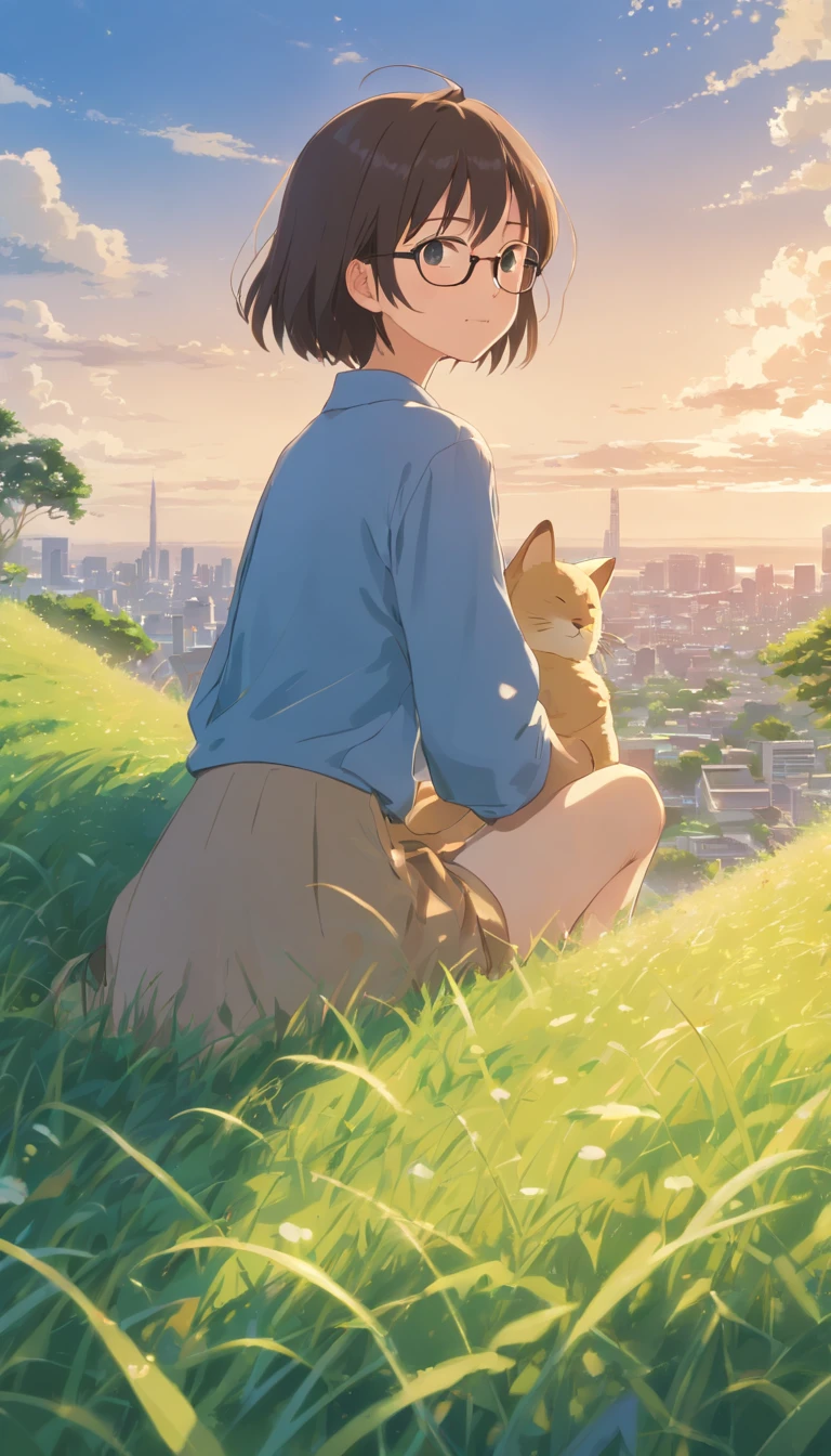 (a gloomy:1.5), Infinite Green [lawn:1.3], natural landscape:1.2], strong craving, Girl with glasses,Youth love, Every expression is gentle, A smile,Accompanied by a cute cat. The combination of beauty and honesty，Streaming Tears，sun shining、The lawn is spreading,Oikoicha