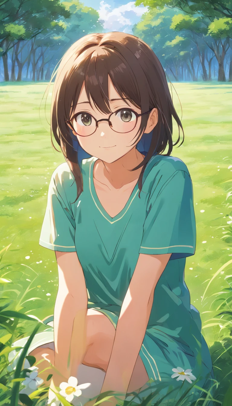 (a gloomy:1.5), Infinite Green [lawn:1.3], natural landscape:1.2], strong craving, Girl with glasses,Youth love, Every expression is gentle, A smile,Accompanied by a cute cat. The combination of beauty and honesty，Streaming Tears，sun shining、The lawn is spreading,Oikoicha
