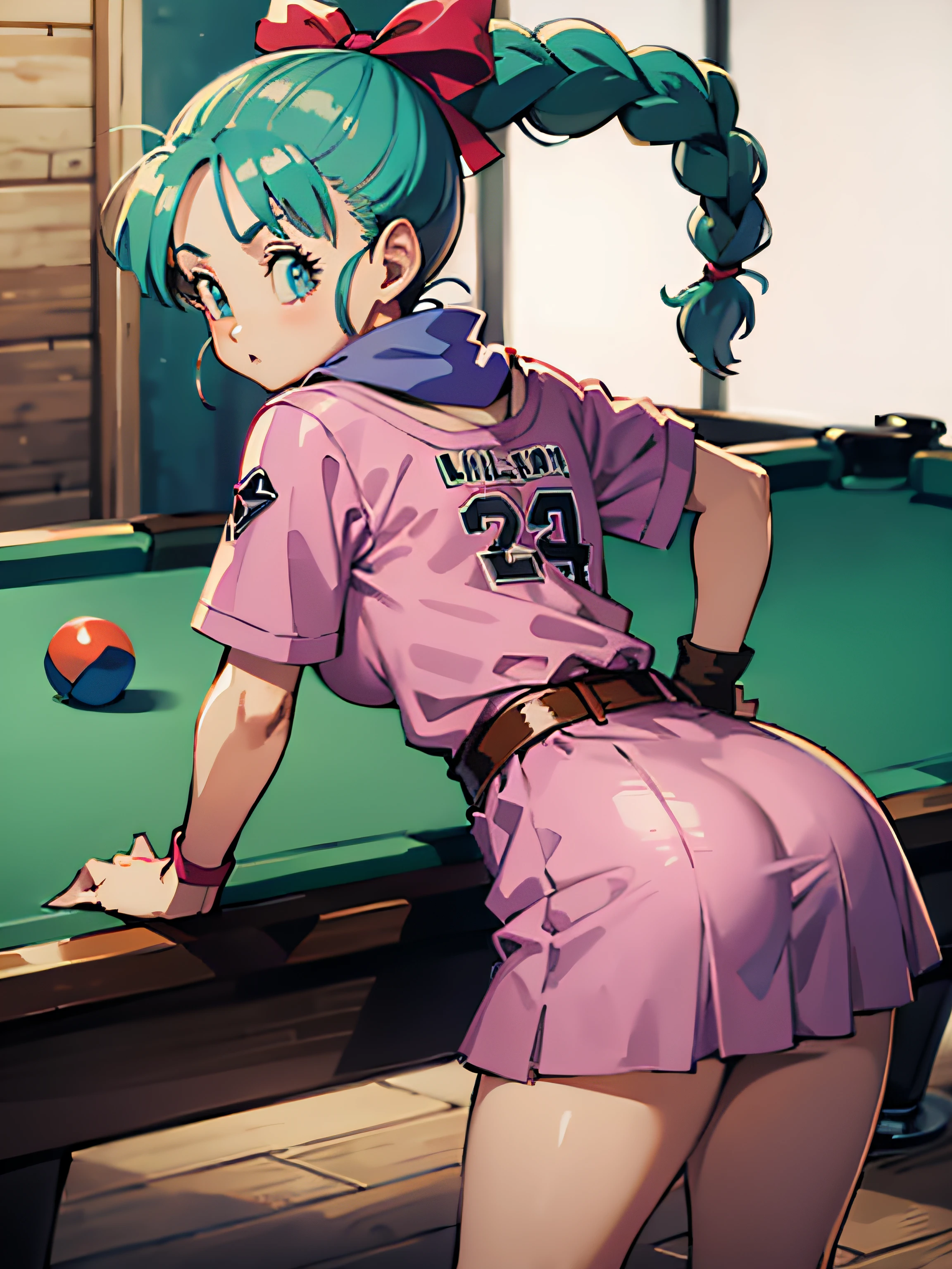 masterpiece, best quality, high resolution, dragon ball, blmpony, aqua hair, hair ribbon, braided ponytail, pink shirt, belt, scarf, pink skirt, clothes writing, brown gloves, medium breasts, in back pose, playing pool table, leaning on the pool table with her butt up high showing her ass, crouched leaning on a pool table with her ass exposed