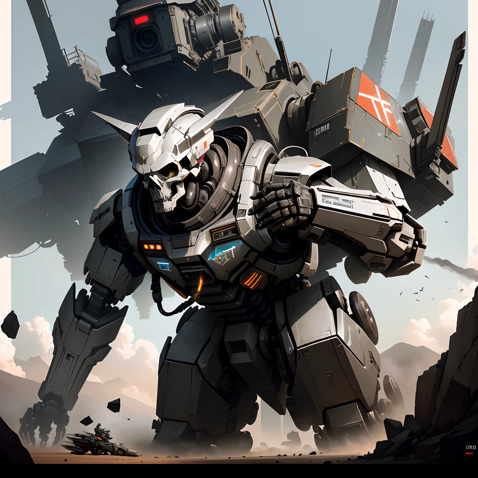 There is a robot that is standing in front of a giant robot, Wojtek FUS, Estilo Craig Mullins, Craig Mullins Greg Rutkowski, alexandre ferra mecha, Soldados e Mech lutam, Craig Mullins Nekro, inspirado em Craig Mullins, Directed by: Craig Mullins, Arte Mecha, mecha asthetic, arte conceitual digital de alta qualidade, skull, rosto e capuz.