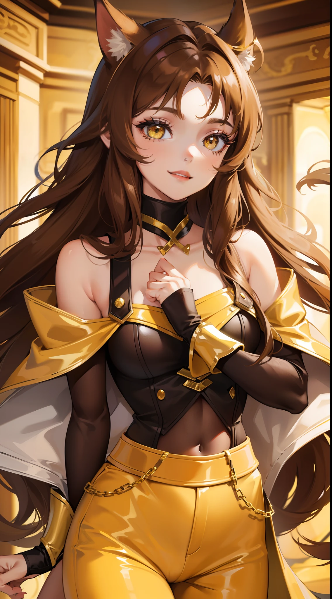 Gold Bunny Girl、18year old、large full breasts、Leotard、tights、colourfull、Hands behind the head、gilded outfit、Brown-haired hair