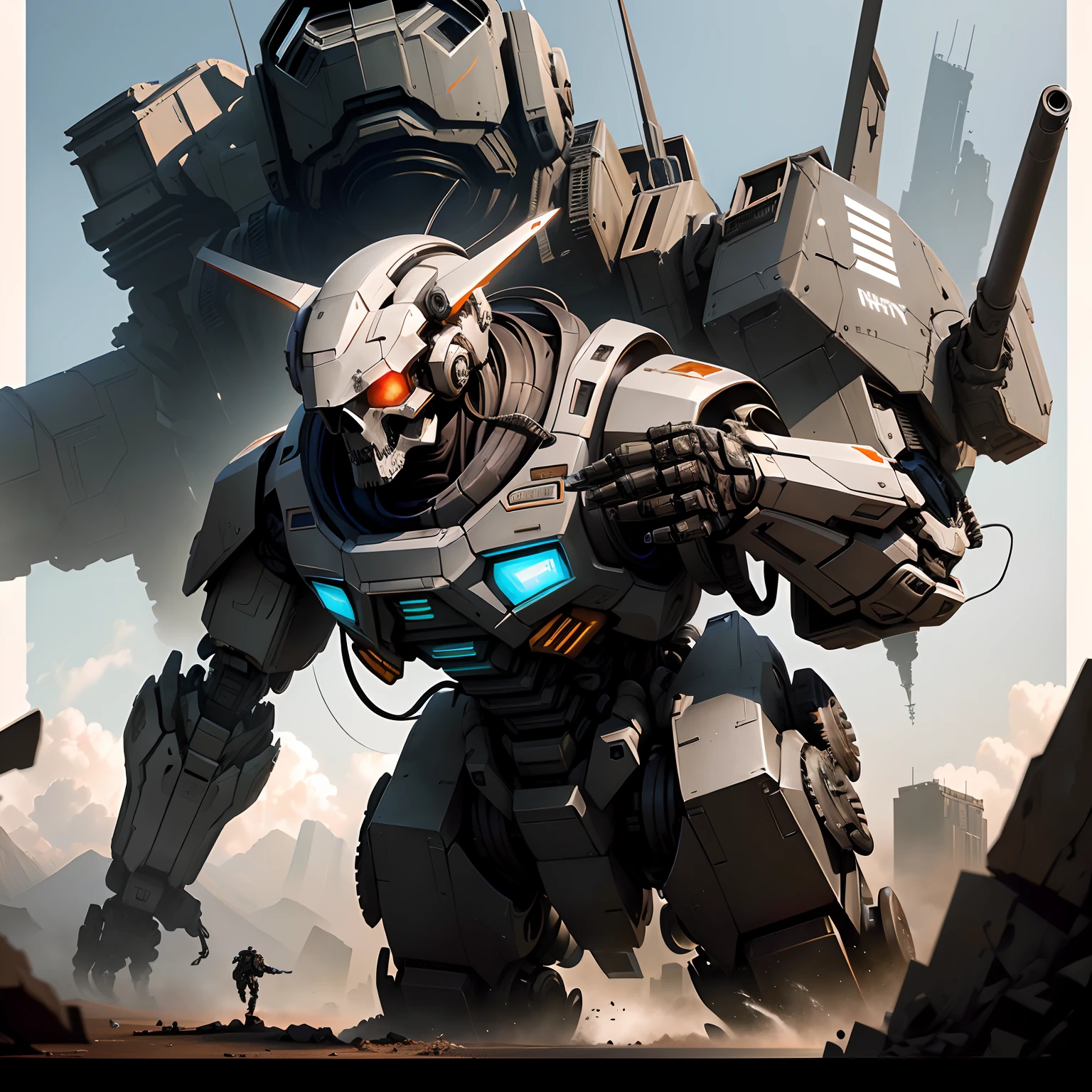 There is a robot that is standing in front of a giant robot, Wojtek FUS, Estilo Craig Mullins, Craig Mullins Greg Rutkowski, alexandre ferra mecha, Soldados e Mech lutam, Craig Mullins Nekro, inspirado em Craig Mullins, Directed by: Craig Mullins, Arte Mecha, mecha asthetic, arte conceitual digital de alta qualidade, skull, rosto e capuz.