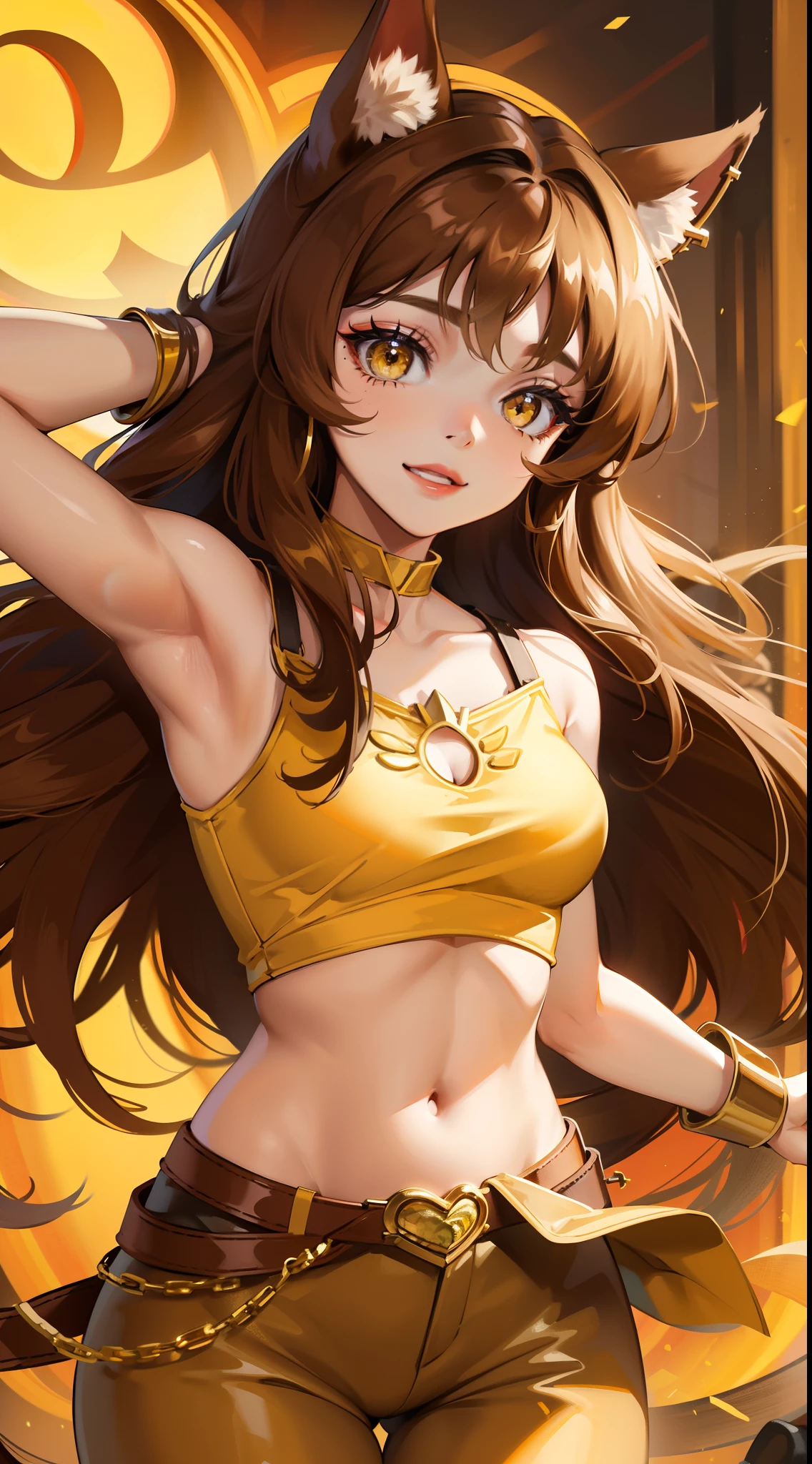 Draw a drawing of a girl with these characteristics 1.70 m, with long straight brown hair, brown eyes and softer, more feminine facial features and wearing a yellow skirt and bra,anime version