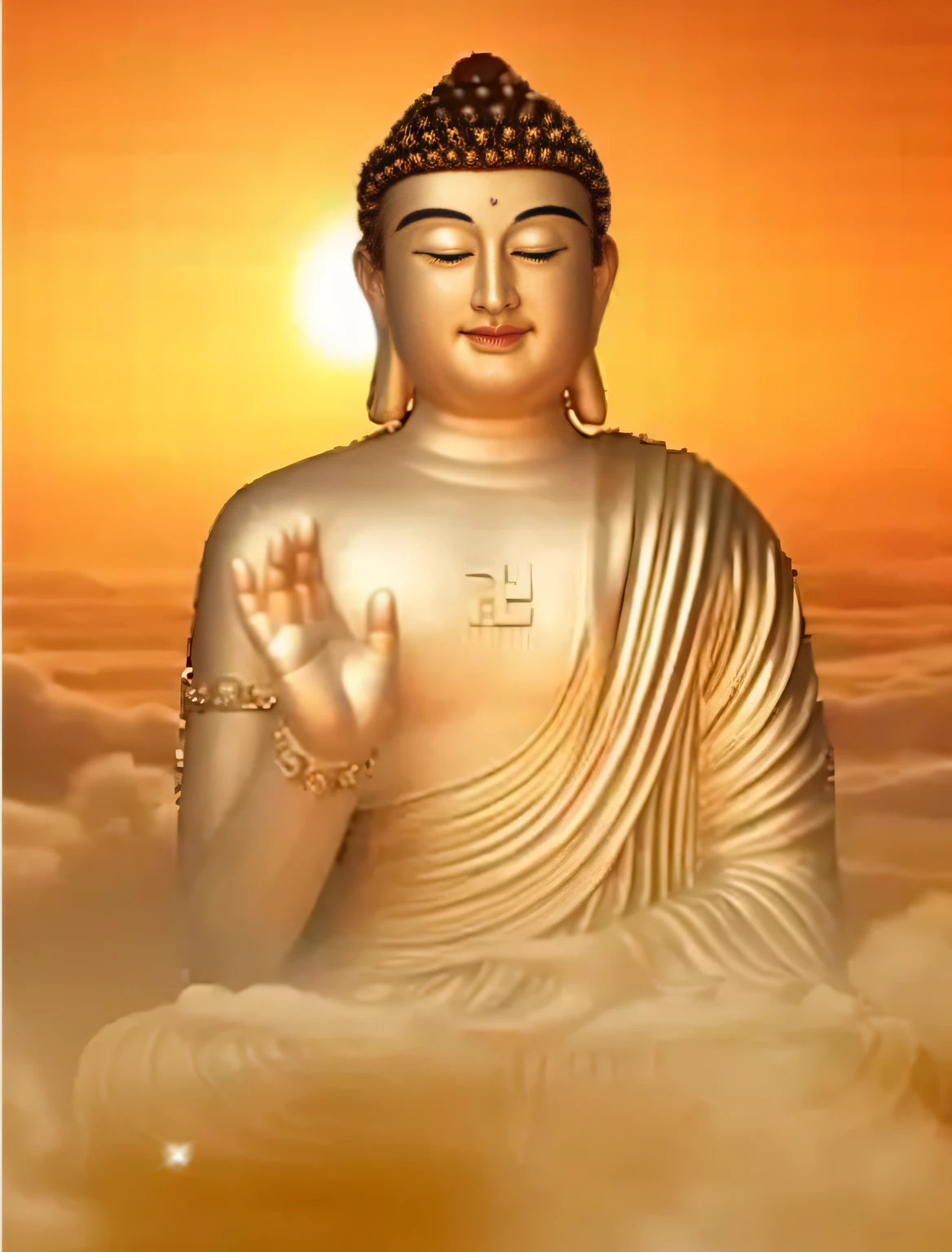 Picture of Buddha statue sitting in a cloud, a Buddhist Buddha, Buddhism, Buddha, Buddhist, Beautiful image, samsara, attractive male deity, peace, 4 0 9 6, buddhist art, Enlightened, Karma for tomorrow。, artistic depiction, screensaver, puṣkaracūḍa, beautiful gold saint, enlightening