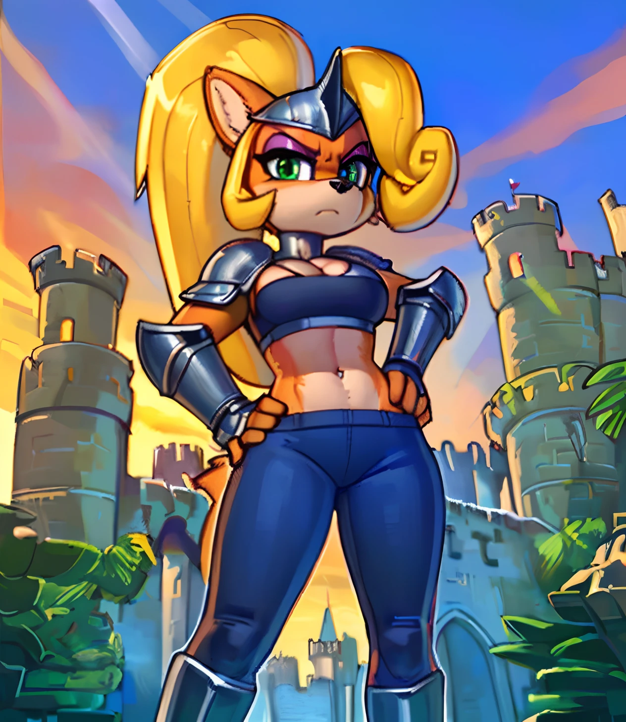 [Coco bandicoot], [Uploaded to e621.net; (Pixelsketcher), (wamudraws)], ((masterpiece)), ((HD)), ((solo portrait)), (full body)), ((furry; anthro)), ((detailed fur)), ((detailed shading)), ((beautiful render art)), ((front view)), ((shoes visible)), {anthro; (orange fur, black nose), (cute green eyes), (pink eyeshadow), (angry), (frown), blonde curly hair, curly ponytail, {(silver knight armor), (silver knight leggings), (midriff), (cleavage), (small boobs), (knight helmet), (silver boots), (gauntlets)}, {(standing), (hand on hip)}, [background; (castle ruins) (sunset), (orange sky), (sun rays)]