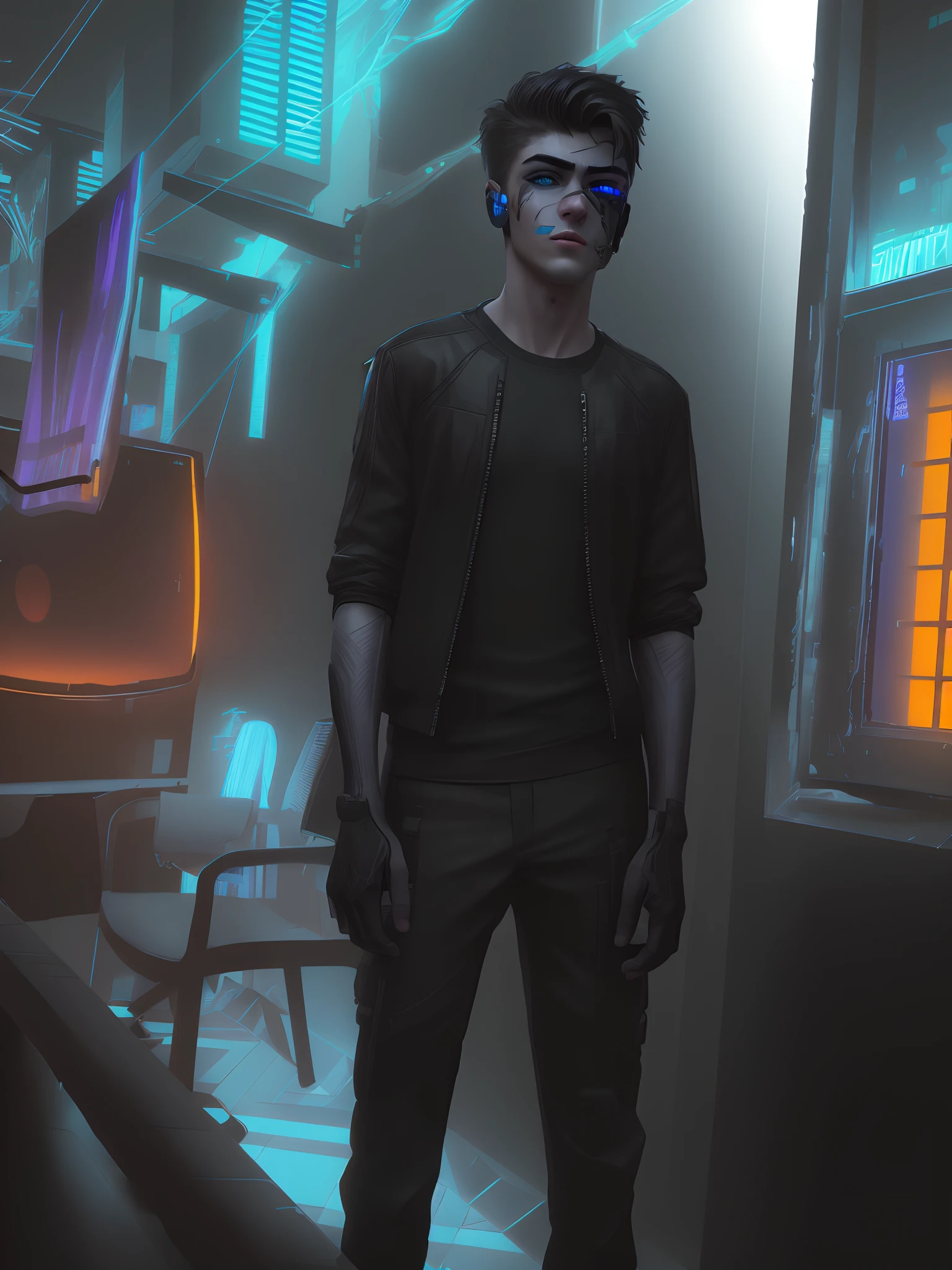 Change background cyberpunk handsome boy, realistic face, 8k, ultra realistic,