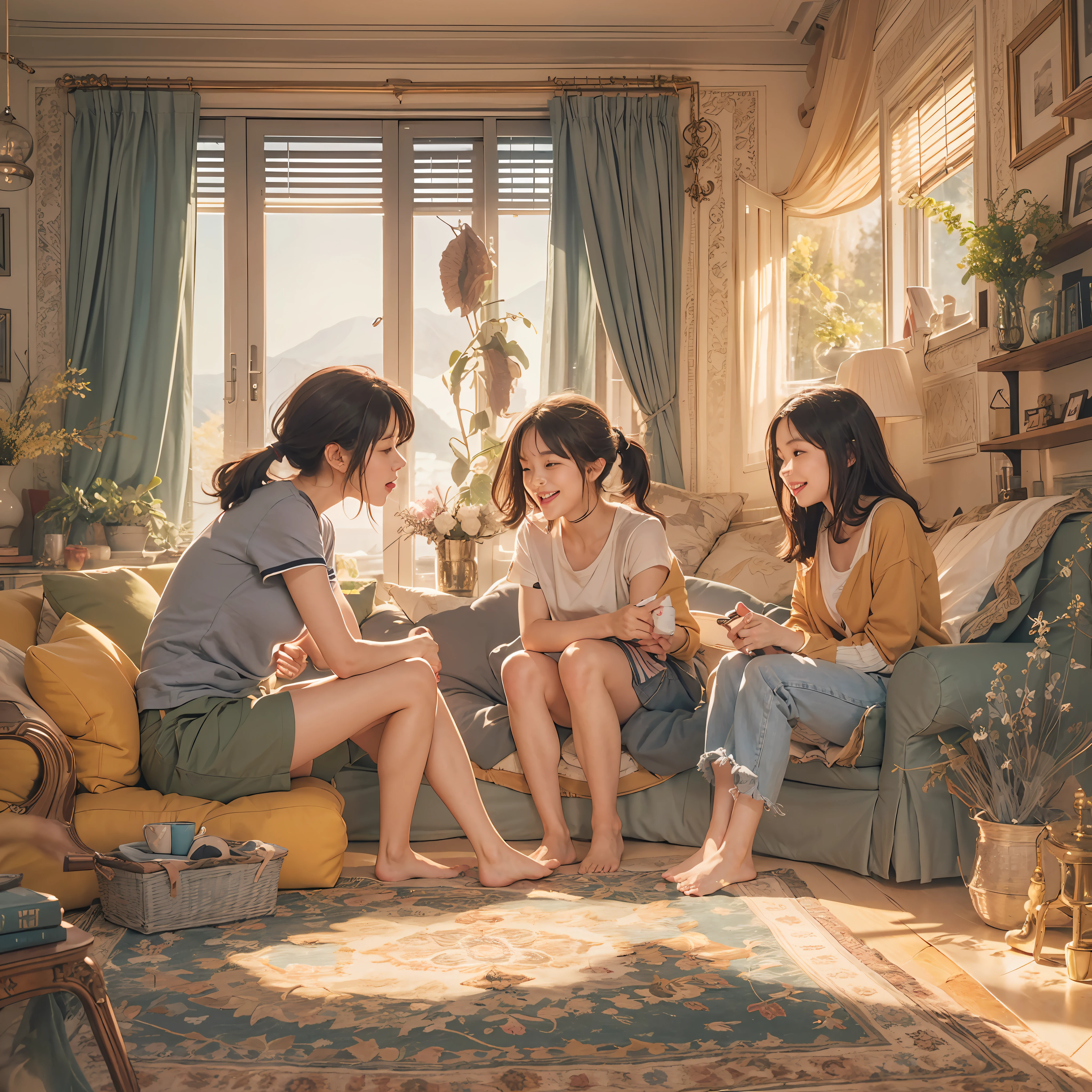 Two women, wearing comfortable t-shirts and panties, engrossed in a conversation smiling in a cozy family room on a tranquil morning. One woman sits gracefully on the sofa, while the other sits comfortably on the floor.