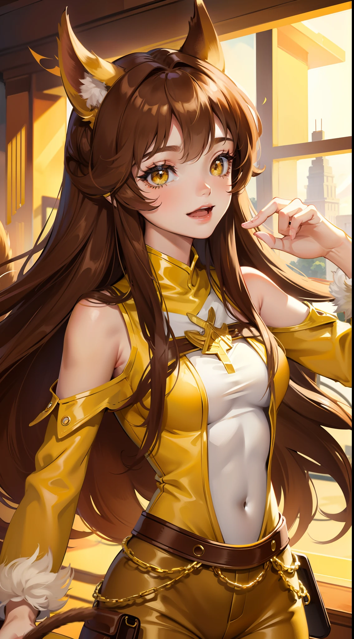 she has brown fur and circular yellow croquettes on her cheeks SPARKLE; GLITTER