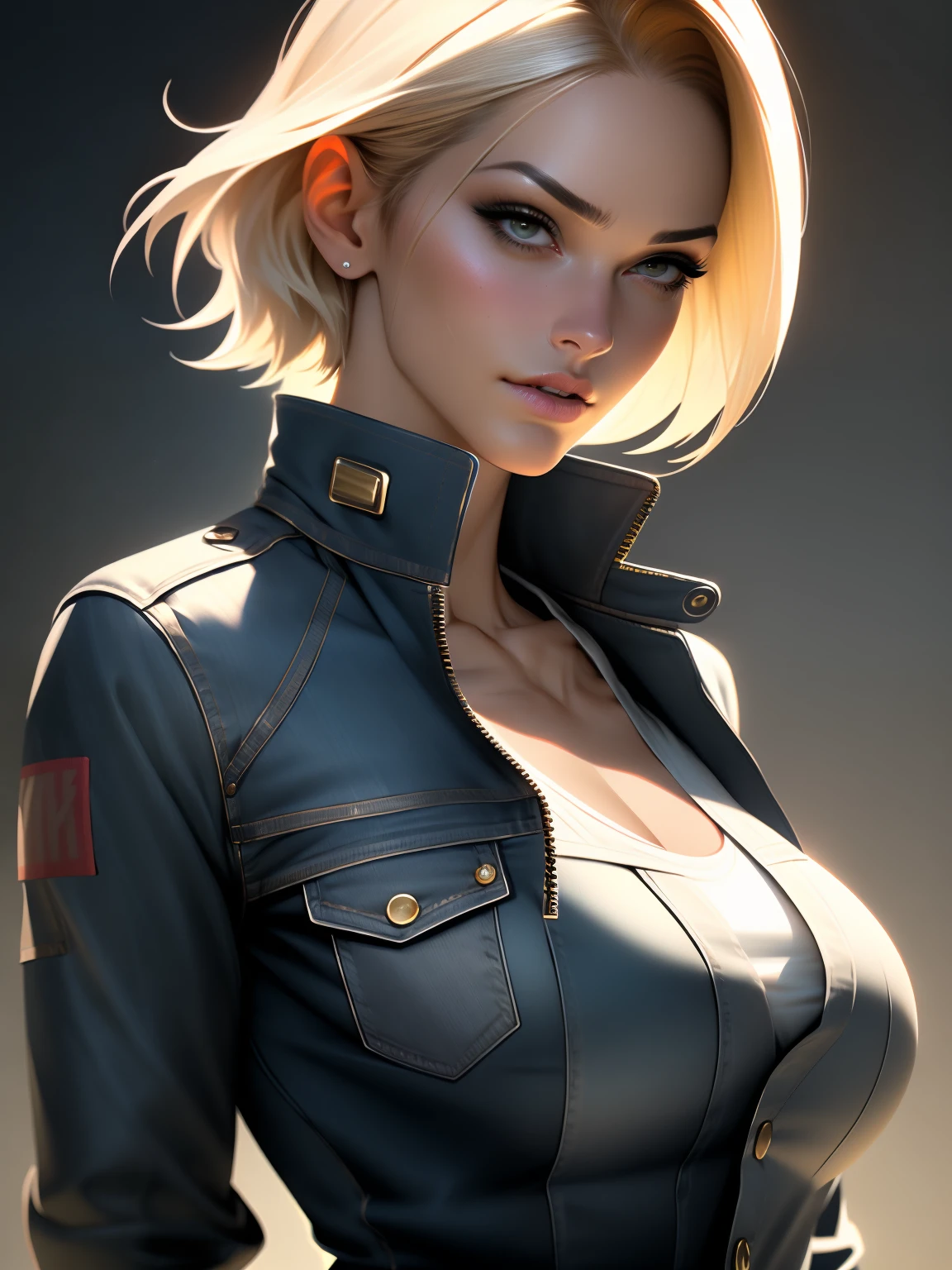 (1girl:1.4), (sfw), (clothed), (masterpiece), illustration,(realistic:1.5), (specular lighting:1.4), (hyperrealistic:1.2), (photorealistic face:1.2), (perfect face), (best quality), (8k), (4k), photorealistic, sharp focus, octane render, best quality, extremely detailed, intricate, hyper detailed, fantasy, soft lighting,(big breasts:1.4), (skindentation:1.3), android 18 from Dragon Ball, looking down at viewer, after a fight, torn clothes, Android 18, jeans, demin jacket, striped shirt, perfect hands, excited face, short bob haircut.