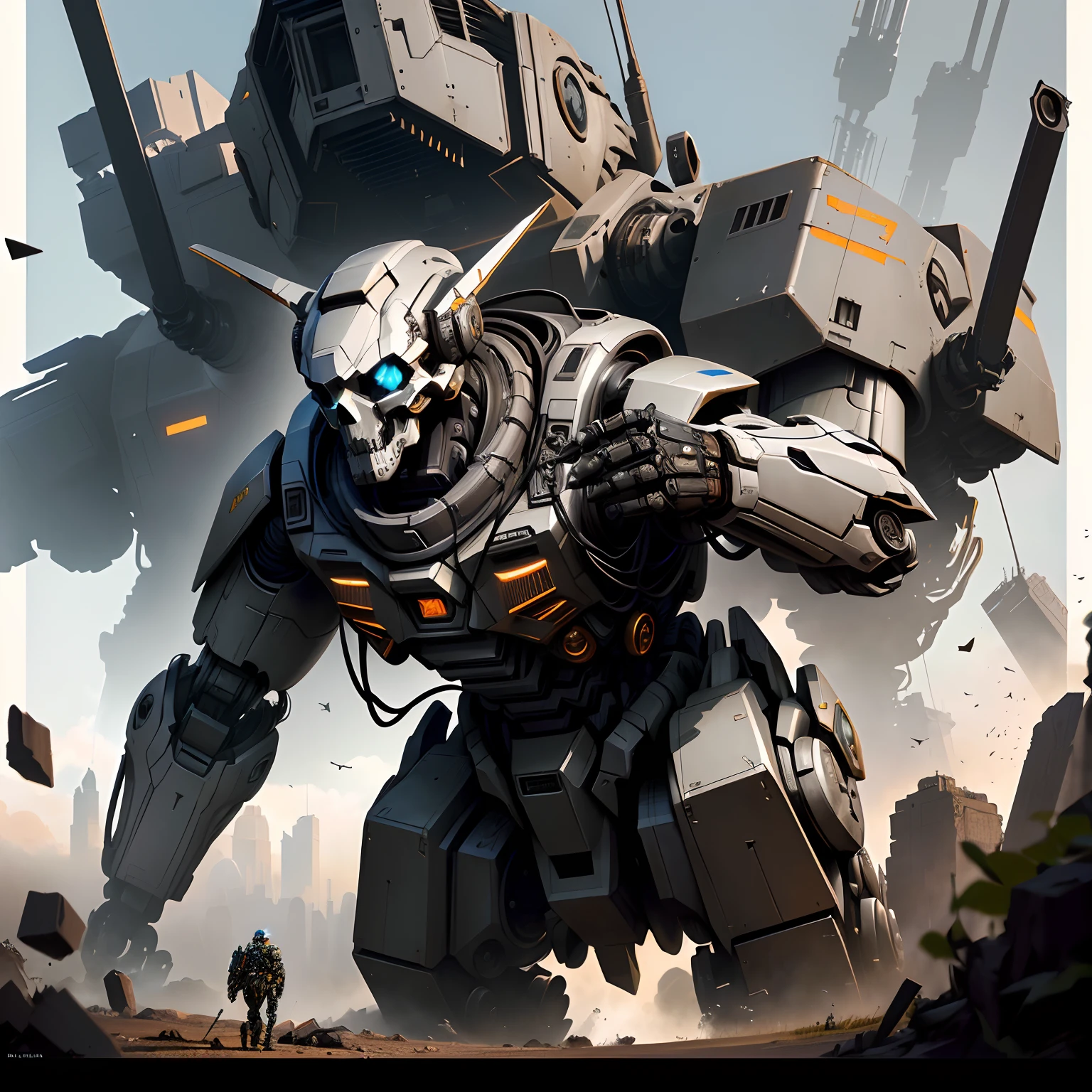 There is a robot that is standing in front of a giant robot, Wojtek FUS, Estilo Craig Mullins, Craig Mullins Greg Rutkowski, alexandre ferra mecha, Soldados e Mech lutam, Craig Mullins Nekro, inspirado em Craig Mullins, Directed by: Craig Mullins, Arte Mecha, mecha asthetic, arte conceitual digital de alta qualidade, skull, rosto e capuz.