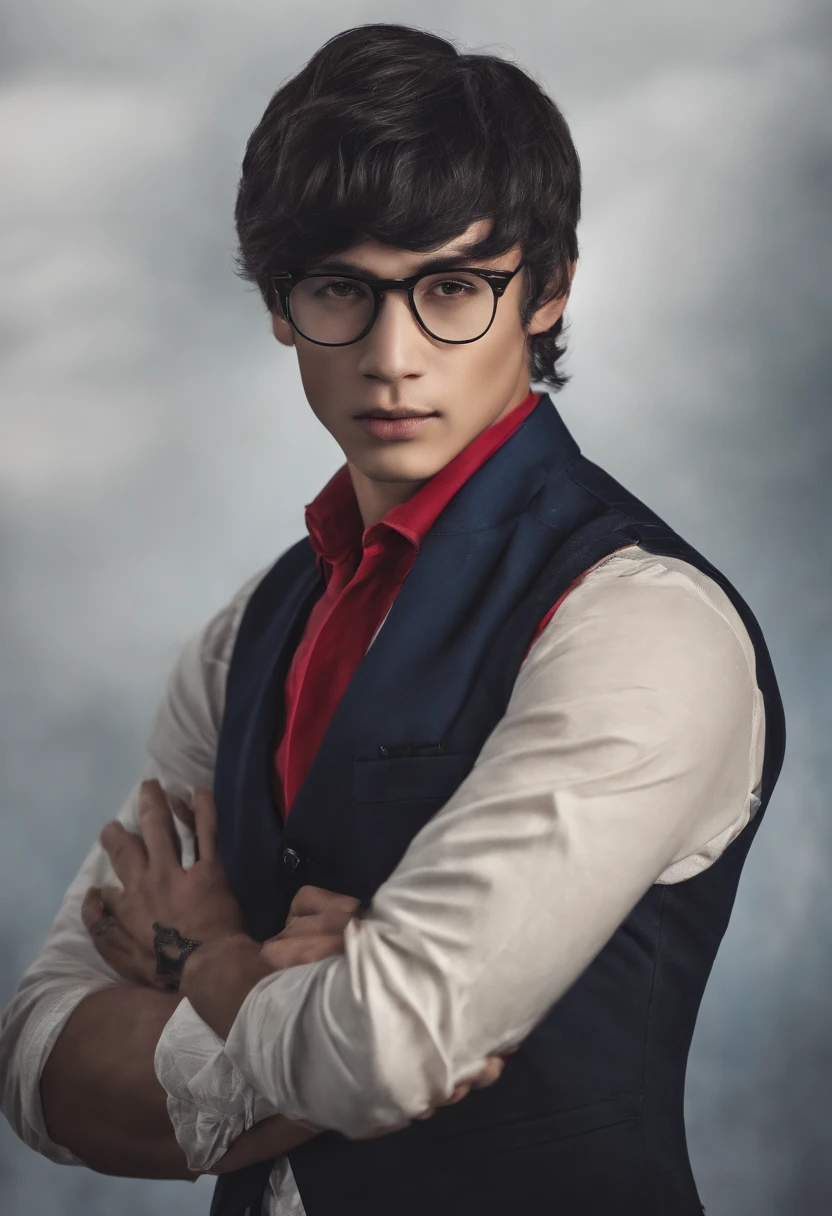 ((((without background)))),1boys,standing,  Shorthair, Dark purple hair, (((Heterochromatic,Red&Blue))),vest, Blue clothes,