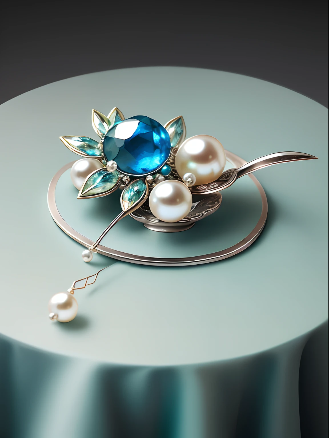 Top jewelry photography, Silver classical Chinese long-handled hairpin, Pearls and tassels, Place on a simple and clean table, With sapphire green and blue style as background, pastelcolor,Interesting and simple composition, products shot, Best image quality, Close-up