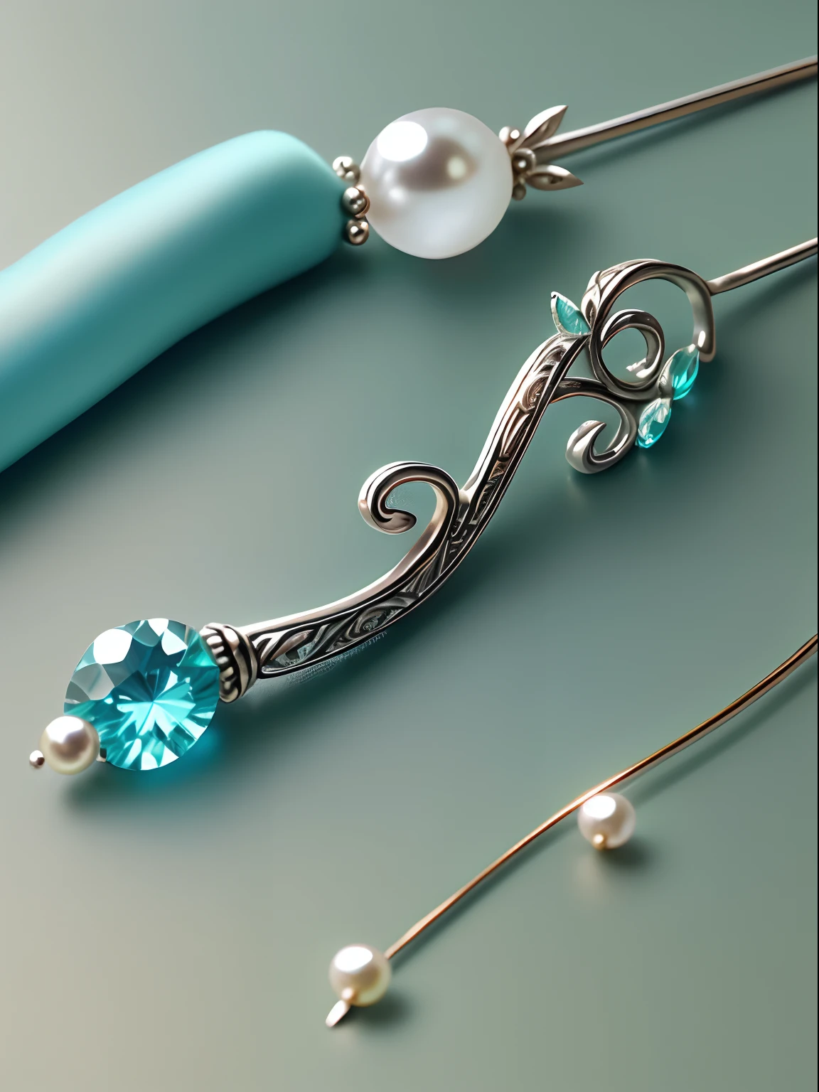 Top jewelry photography, Silver classical Chinese long-handled hairpin, Pearls and tassels, Place on a simple and clean table, With sapphire green and blue style as background, pastelcolor,Interesting and simple composition, products shot, Best image quality, Close-up