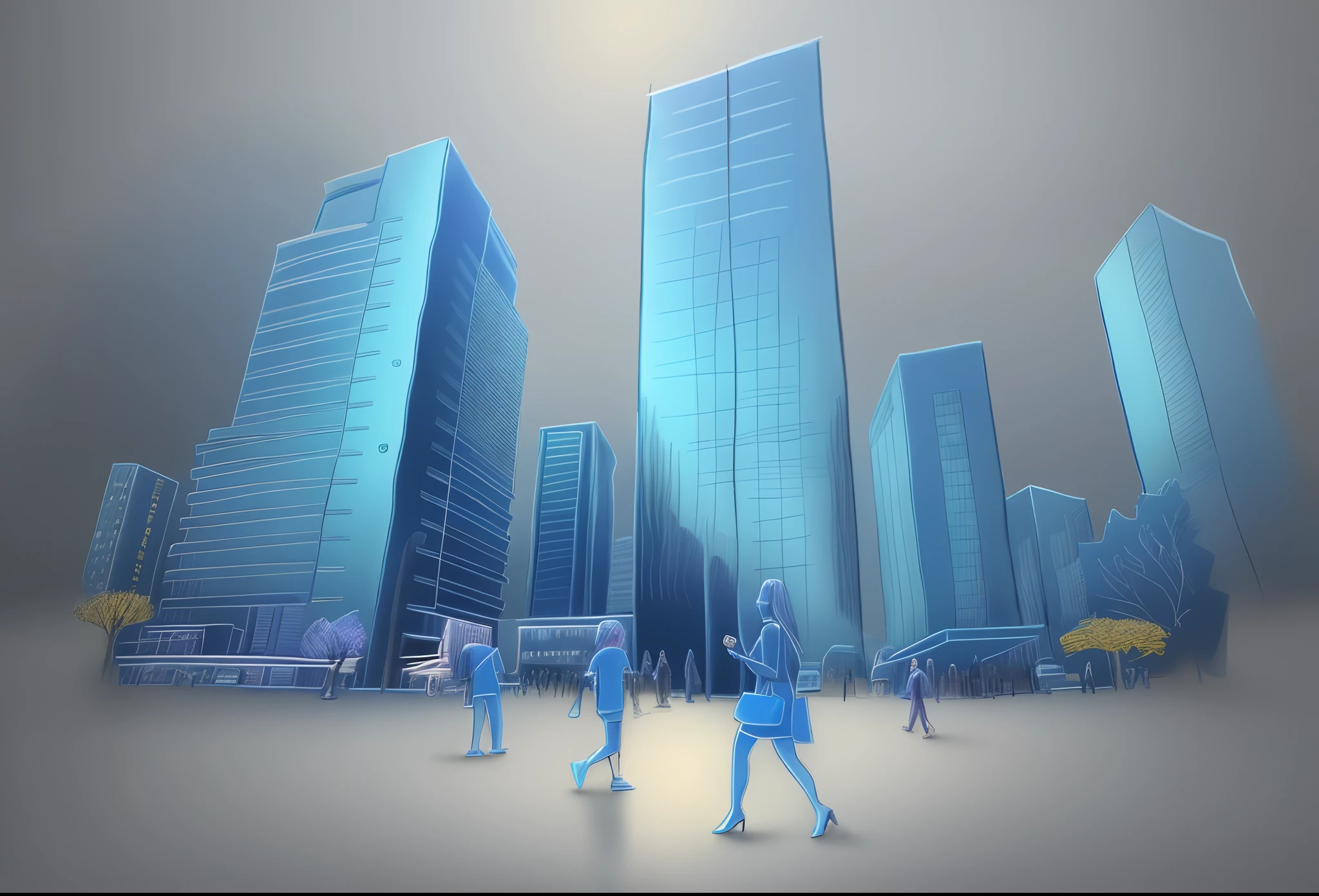 crayon illustration of a modern city with people on it, blue color, mirrors, glasses, shines, reflections