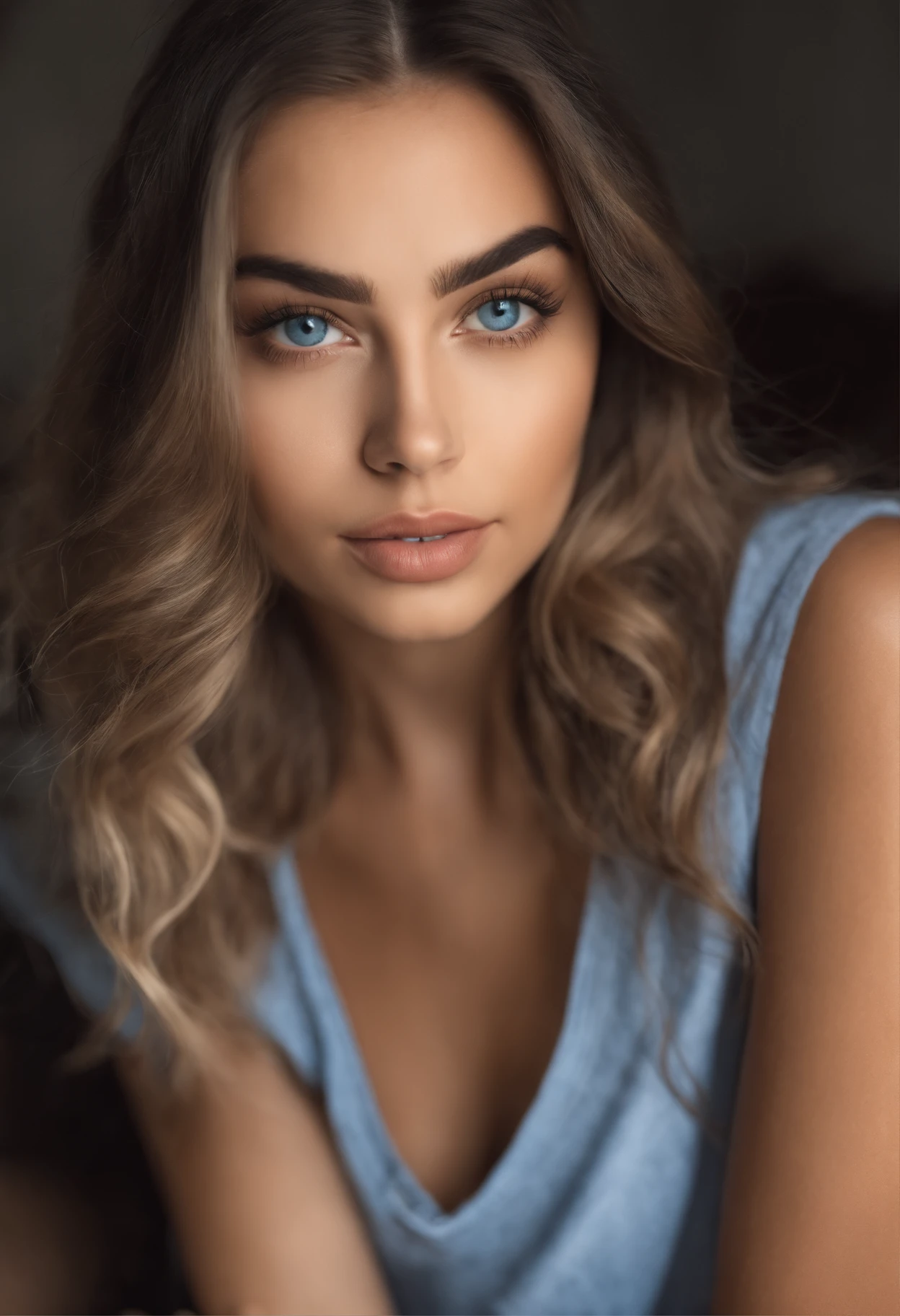 Mujer con camiseta sin mangas y bragas a juego, Chica sexy con ojos azules, Retrato Sophie Mudd, Retrato de Corinna Kopf, cabello rubio y ojos grandes, Selfie de una mujer joven, Ojos en el dormitorio, Violeta Myers, ohne Maquillaje, Maquillaje natural, staring directly into camera, Cara con Artgram, dezentes Maquillaje, Impresionante foto de cuerpo completo, en el dormitorio, Fission