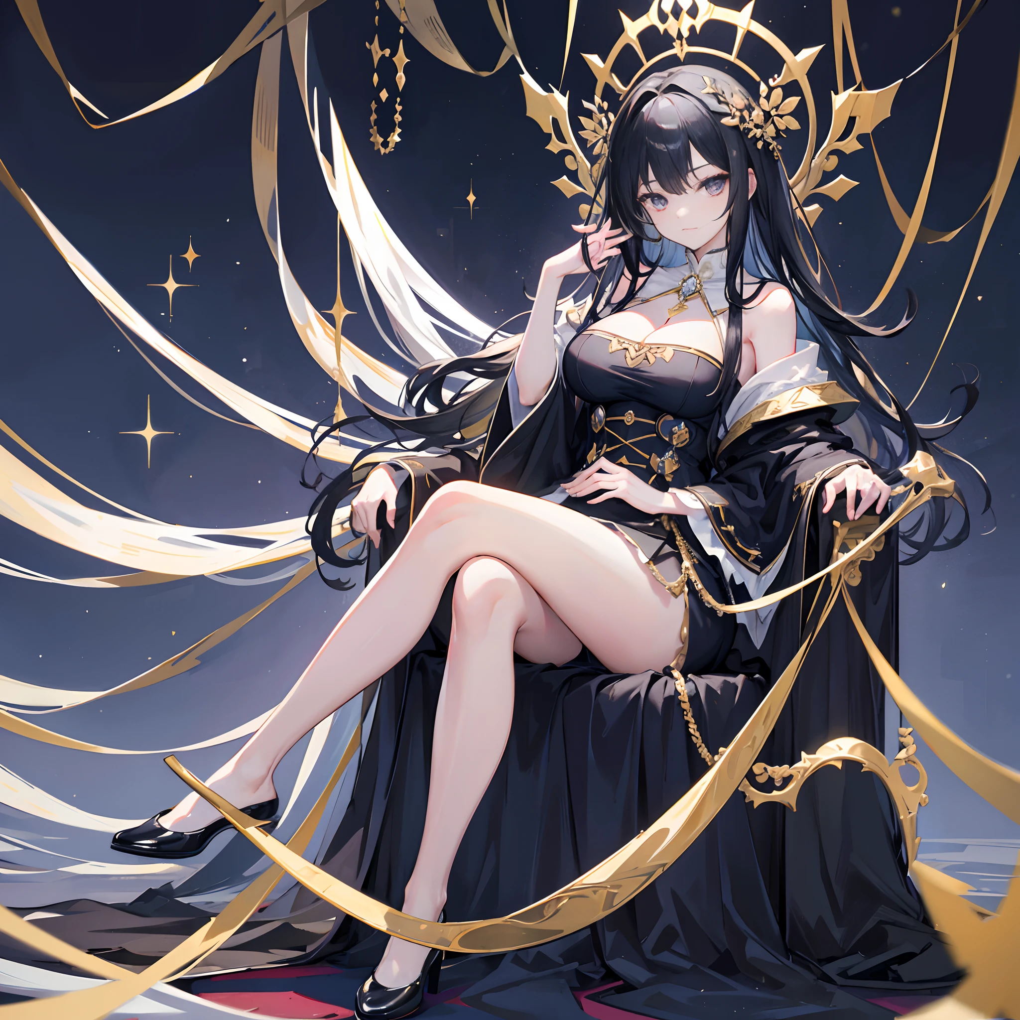 Solo,(gigantic breasts:1.3),A cold expression,Long black hair,Black colored eyes,Black pantyhose,No shoes,Black royal robes,sitting on an royal throne,Below the eyelids,Bottom-up view,royal palace interior,White carpet