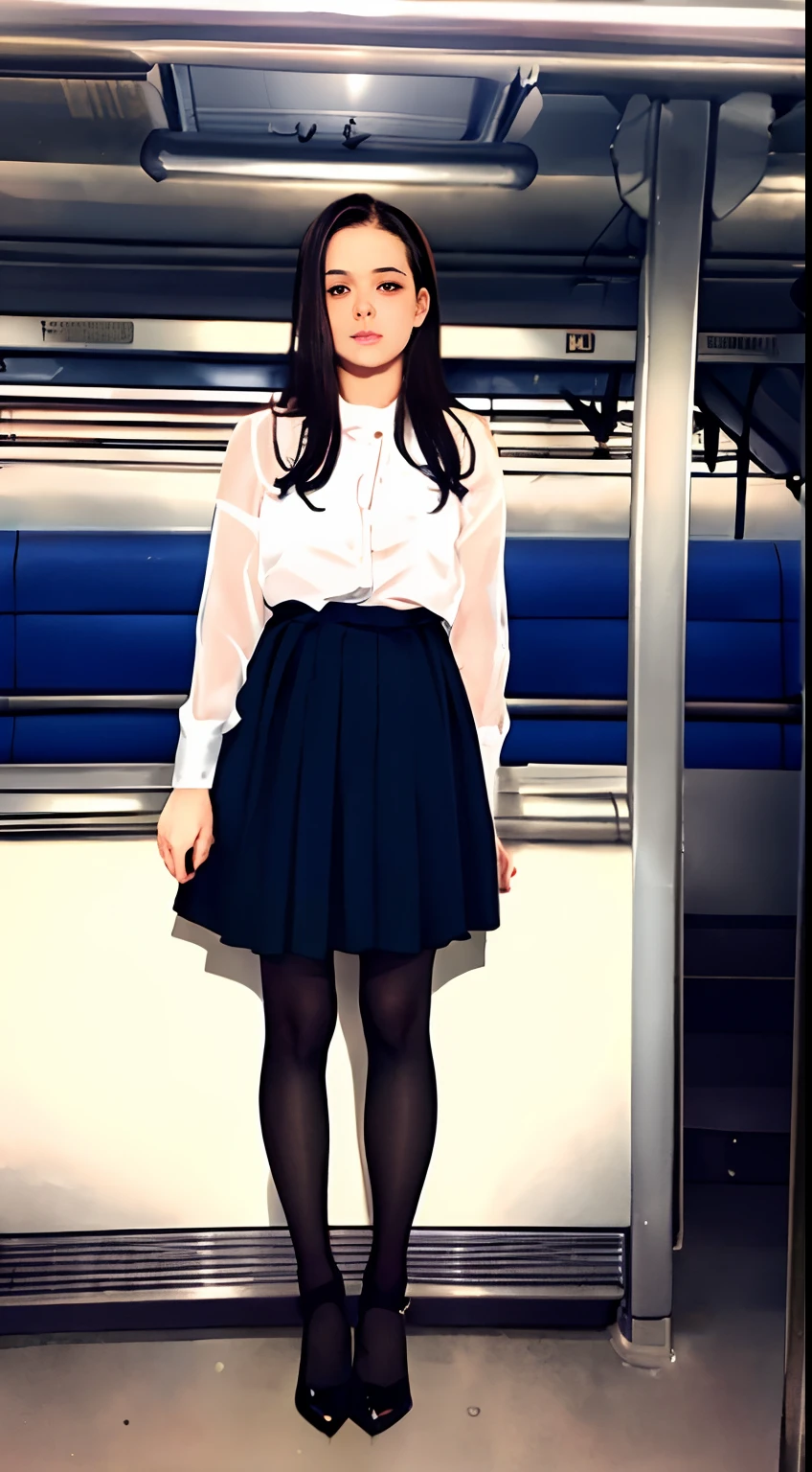 ((Robert Downey as a -teen girl)), lolouse, tiny pleated skirt, waist-high black tights, high heels, full body photo, very fair skin, shaved hair, busy train car, photorealistic, indirect lighting, volumetric light, ray tracing, hyperdetailed