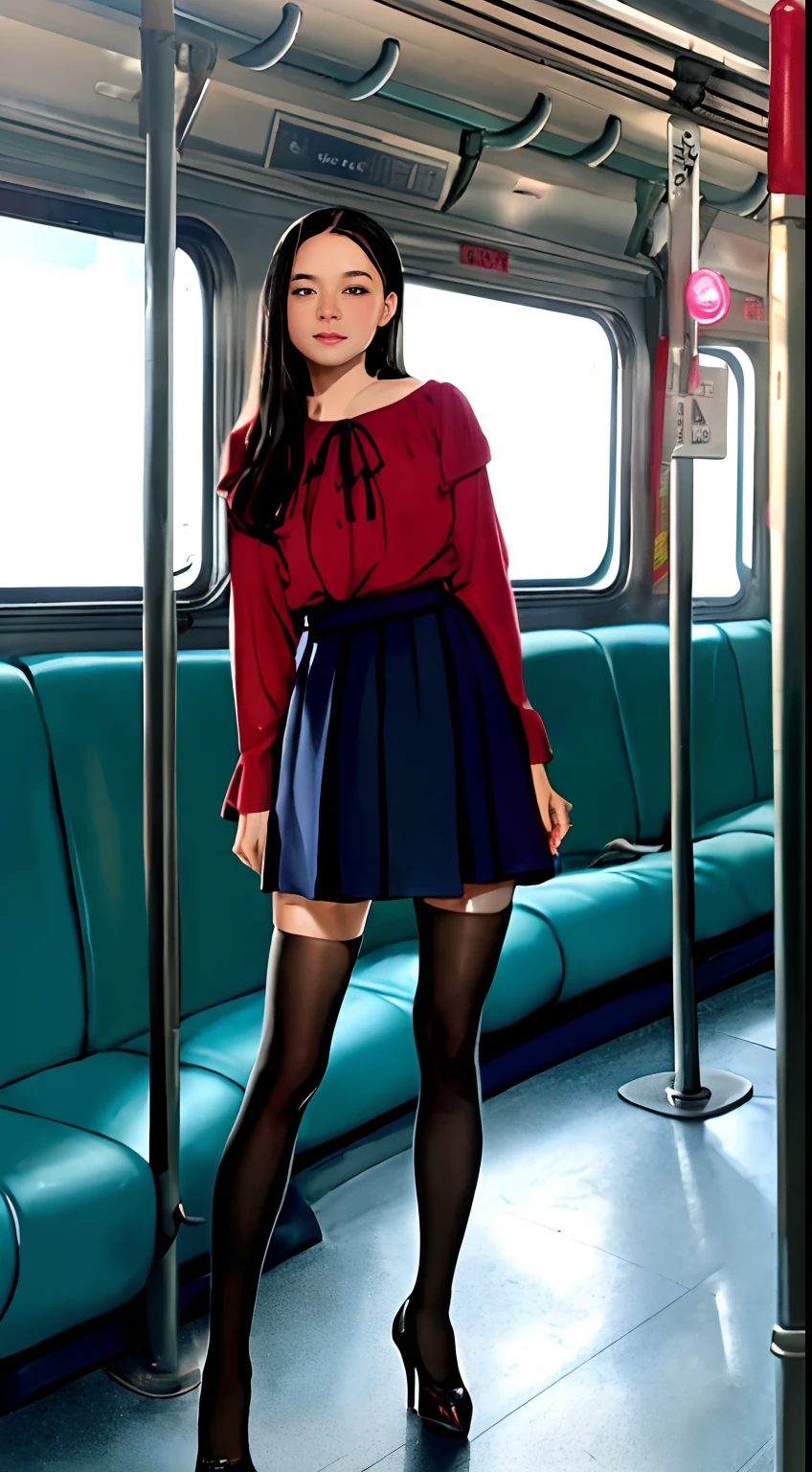 ((Robert Downey as a 14 year old pre- girl)), long blouse, tiny pleated skirt, waist-high black tights, high heels, full body photo, very fair skin, shaved hair, busy train car, photorealistic, indirect lighting, volumetric light, ray tracing, hyperdetailed