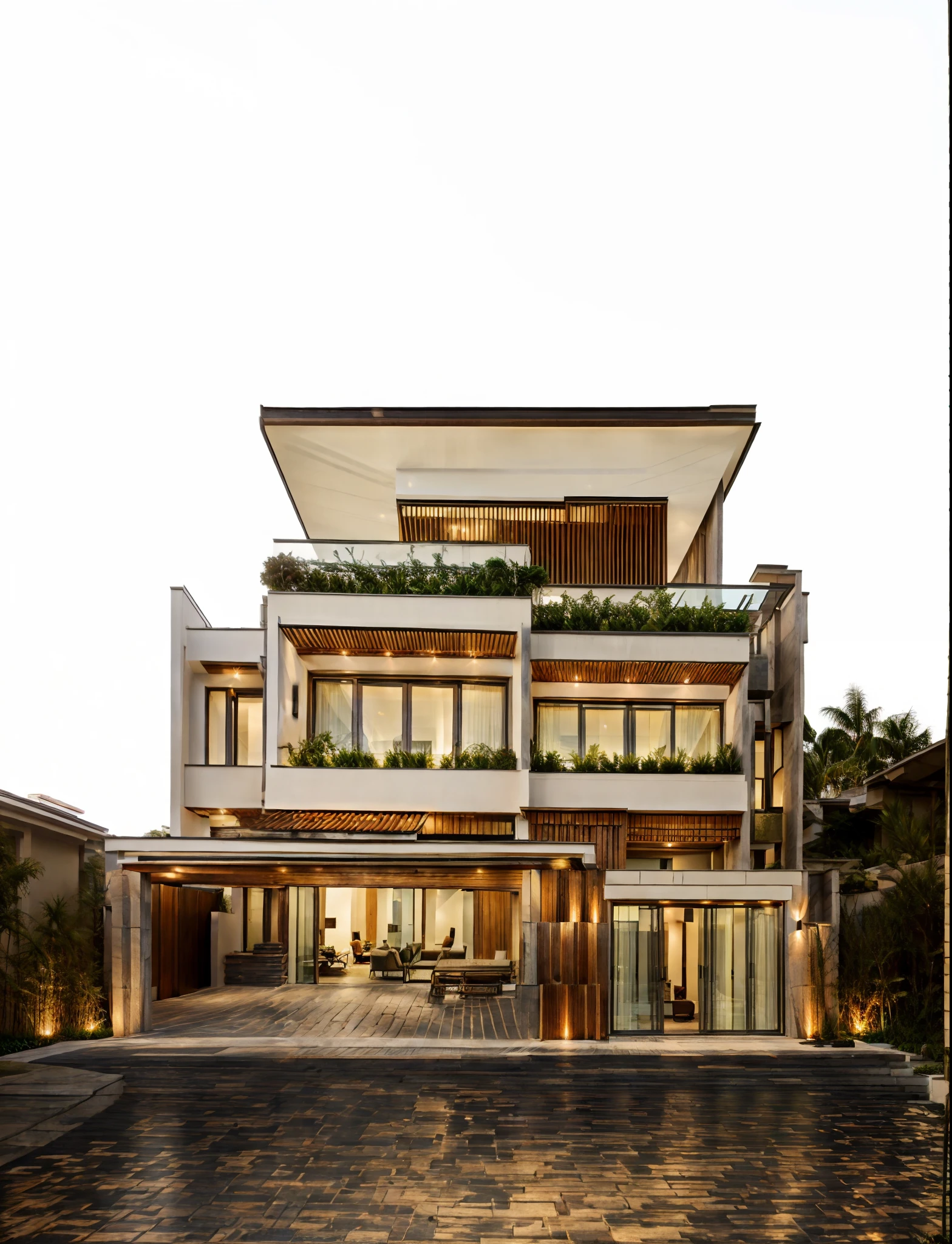 RAW photo, outdoor, (residential architecture exterior:1.3), 1 house architecture, (elegant), Singapore tropical modern house style, white wall and glass and rock and black steel and wood, (Luxury home with exquisite finishing:1.3), (wood),Beautiful tropical garden, warm yellow light in the interior, dark night sky, (high detailed:1.2), (Evening environment with warm dominant interior lighting), 8k uhd, ds, soft lighting, high quality, film grain, Fujifilm XT3