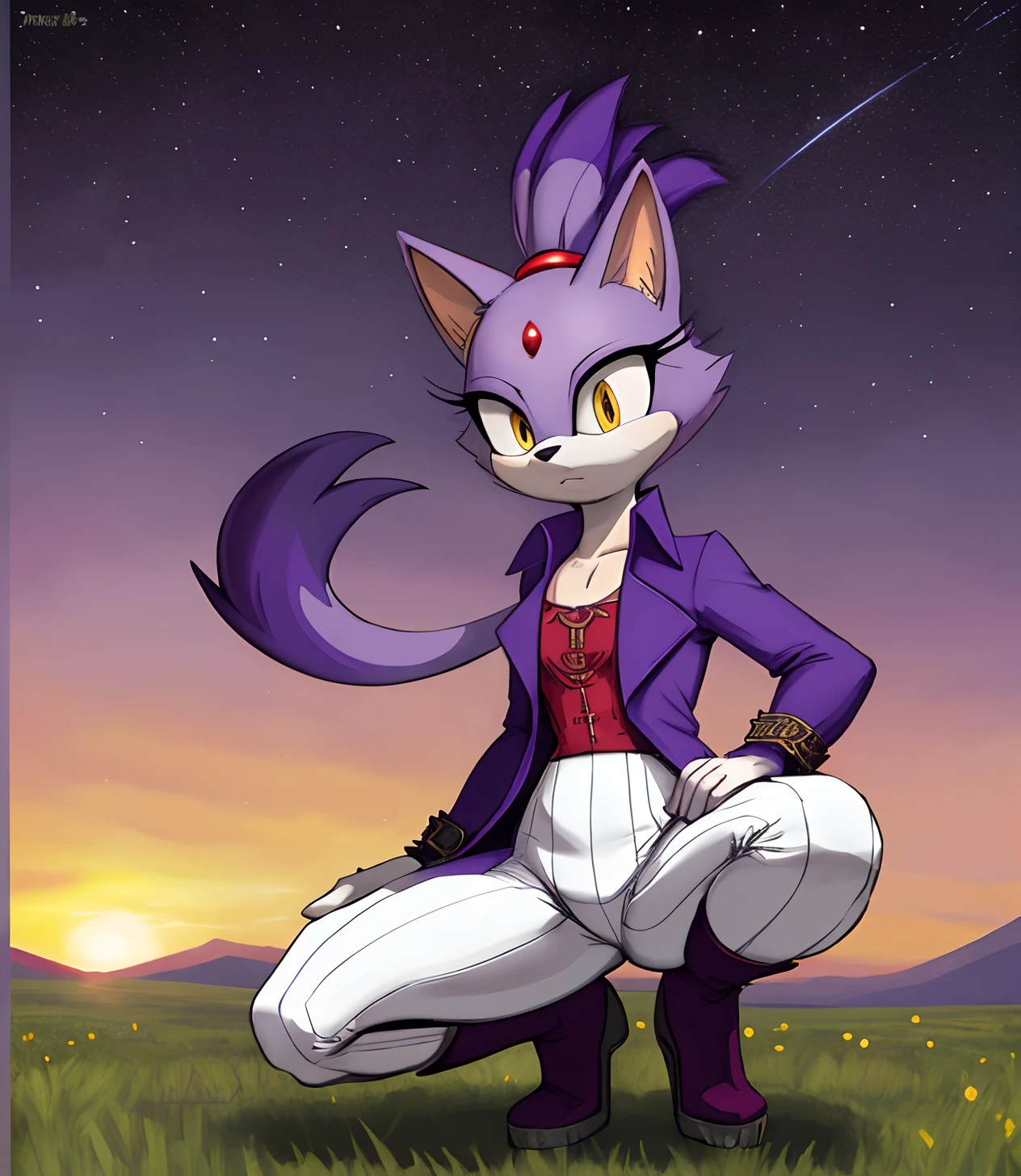[Blaze the Cat], [Uploaded to e621.net; (Pixelsketcher), (twistedterra), (napalm_express)], ((masterpiece)), ((HD)), ((High quality)), ((solo portrait)), ((side view)), ((full body)), ((detailed fur)), ((detailed shading)), ((beautiful render art)), ((intricate details)), {anthro cat, (light purple fur), black nose, cat ears, beautiful yellow eyes, red diamond on forehead, purple highlights, ponytail, hair tie, long tail, (curvy hips), (beautiful legs), (expressionless)}, {(purple trench coat), (white leggings), (red high heel boots)}, {(kneeling), (hand on thighs)}, [background; (grass plains), (sunset), (starry sky)]