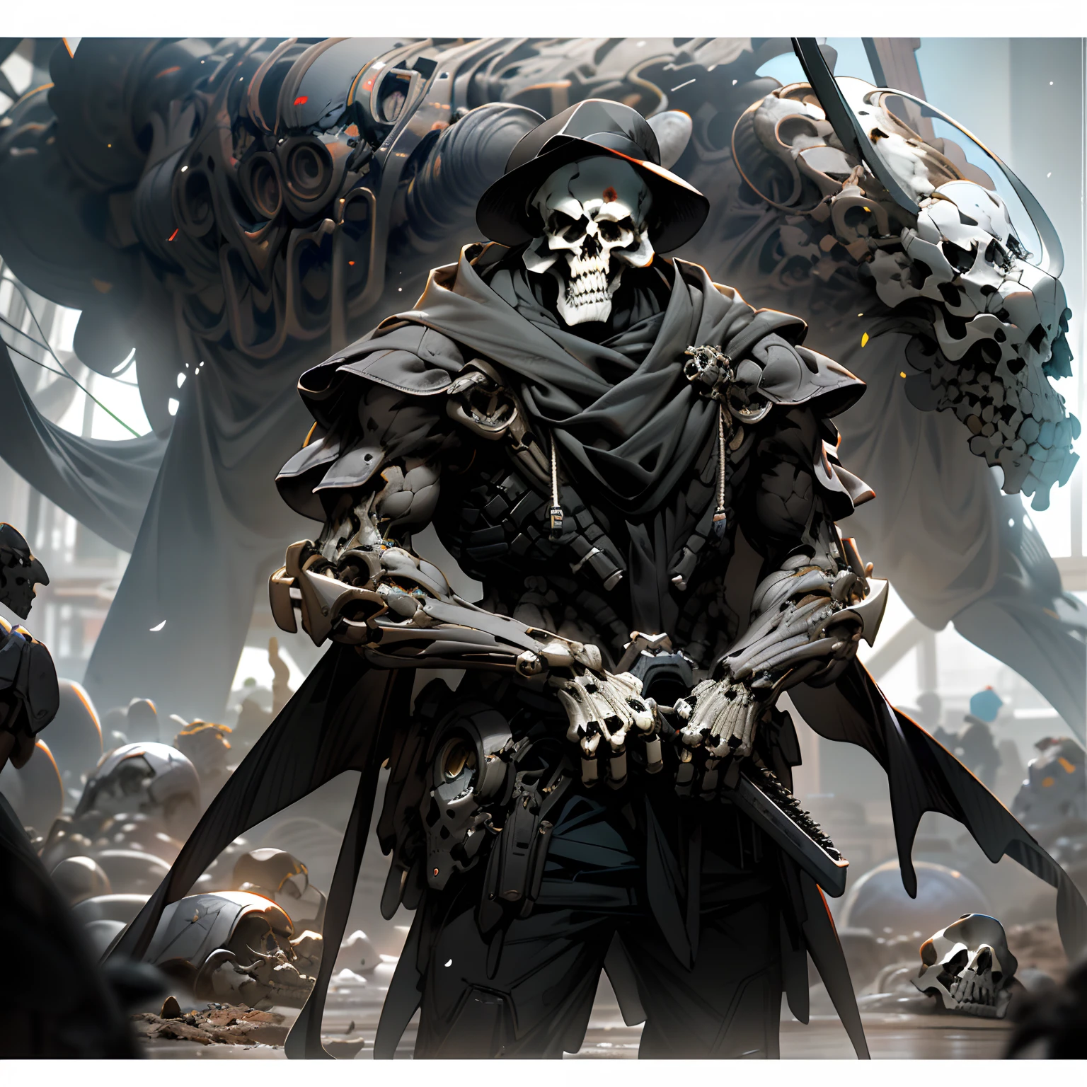 there is a robot that is standing in the dirt, Estilo Craig Mullins, Craig Mullins Greg Rutkowski, Craig Mullins Nekro, inspirado em Craig Mullins, Directed by: Craig Mullins, painterly humanoid mecha, Greg Rutkowski e Krenz Cushart, Artgerm Craig Mullins, Wlop e Krenz Cushart, face de caveira, skull, usando um capuz, Mech descartado no fundo