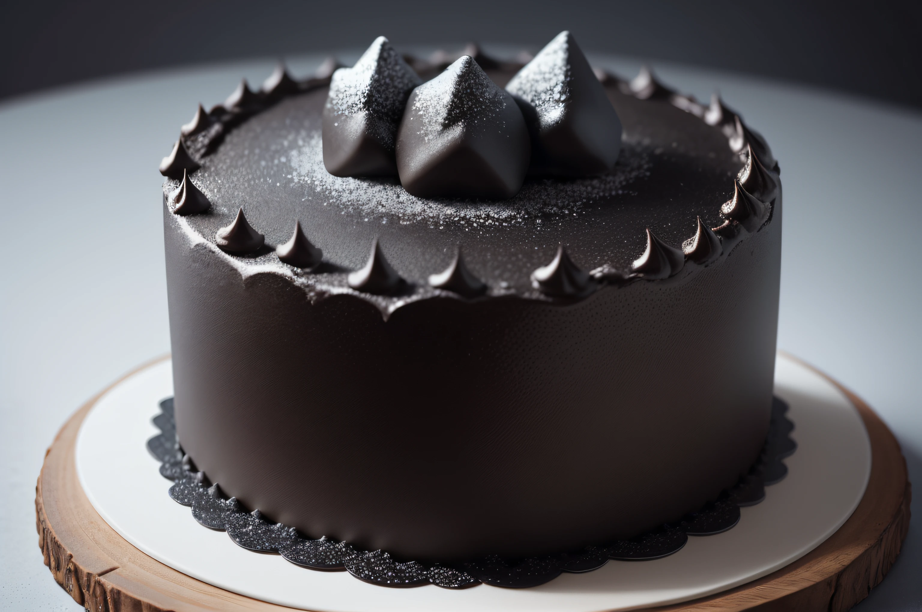 The cake is covered in a thin layer of black icing and decorated with small silver sugar stars.