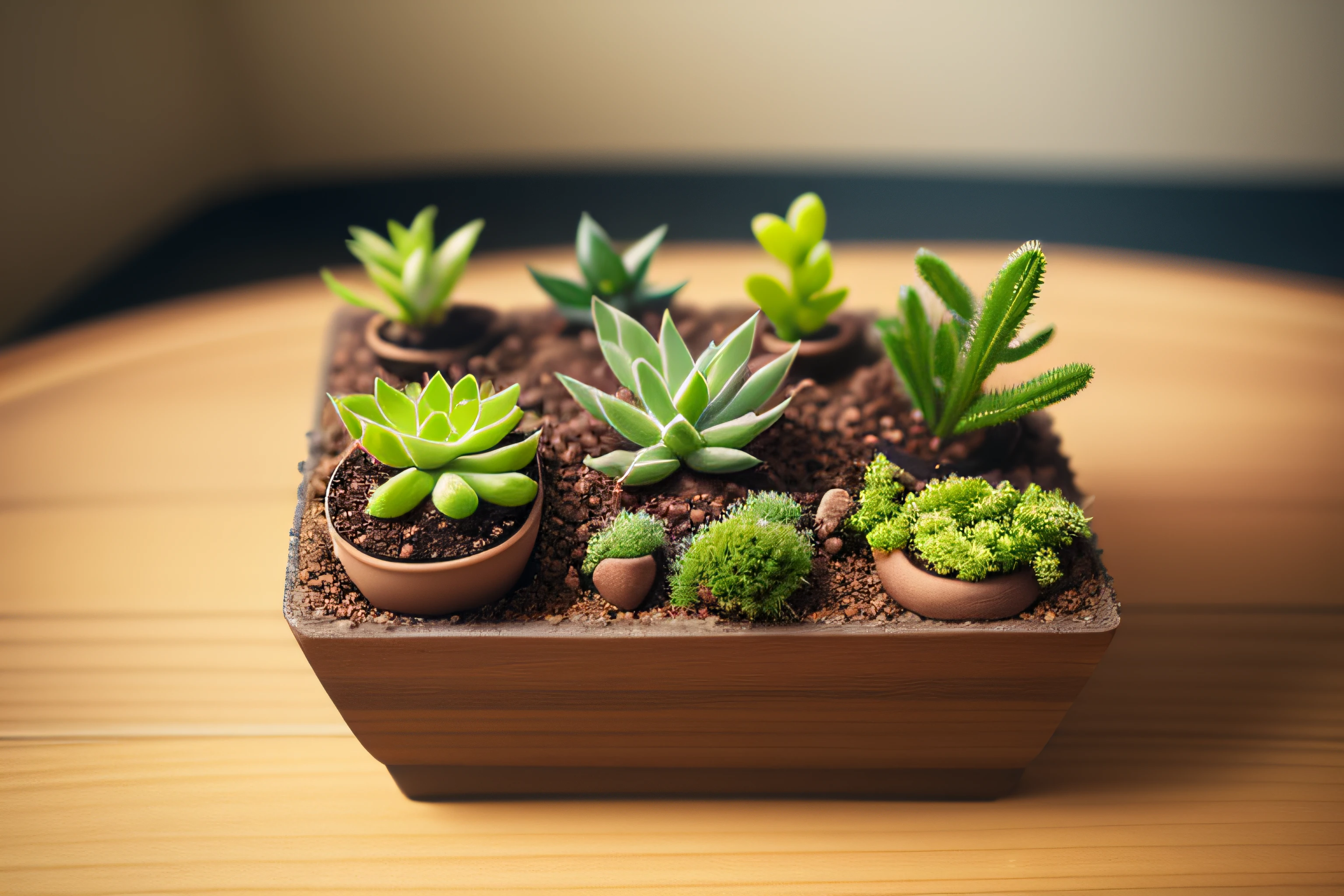 Planting miniature succulents、cute little、interiors、photos realistic