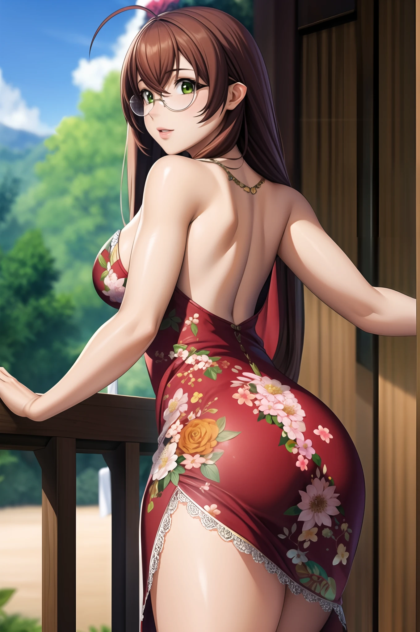 eyepperfect eyes:1.2, detailed eyes:1.6, ahoge, ass, mini dress, rubygentokuwz, brown hair, cowboy shot, red dress, realist:1, very long hair, green eyes:1.4, aftershower, towel, nature, hair ornament, edgSDress, floral print, large breasts, glasses, Ultra-realistic 8K CG, masterpiece, ((ultra-detailed background, delicate pattern, intricate details)), best quality, intricate details, 1girl, solo, (masterpiece:1.6, best quality)