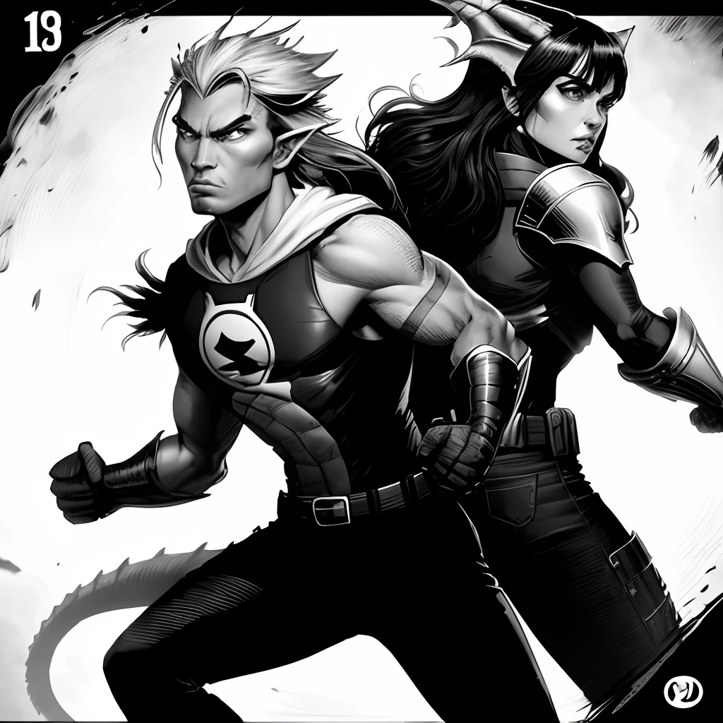 Two fierce dragons,Black and white comic book style,