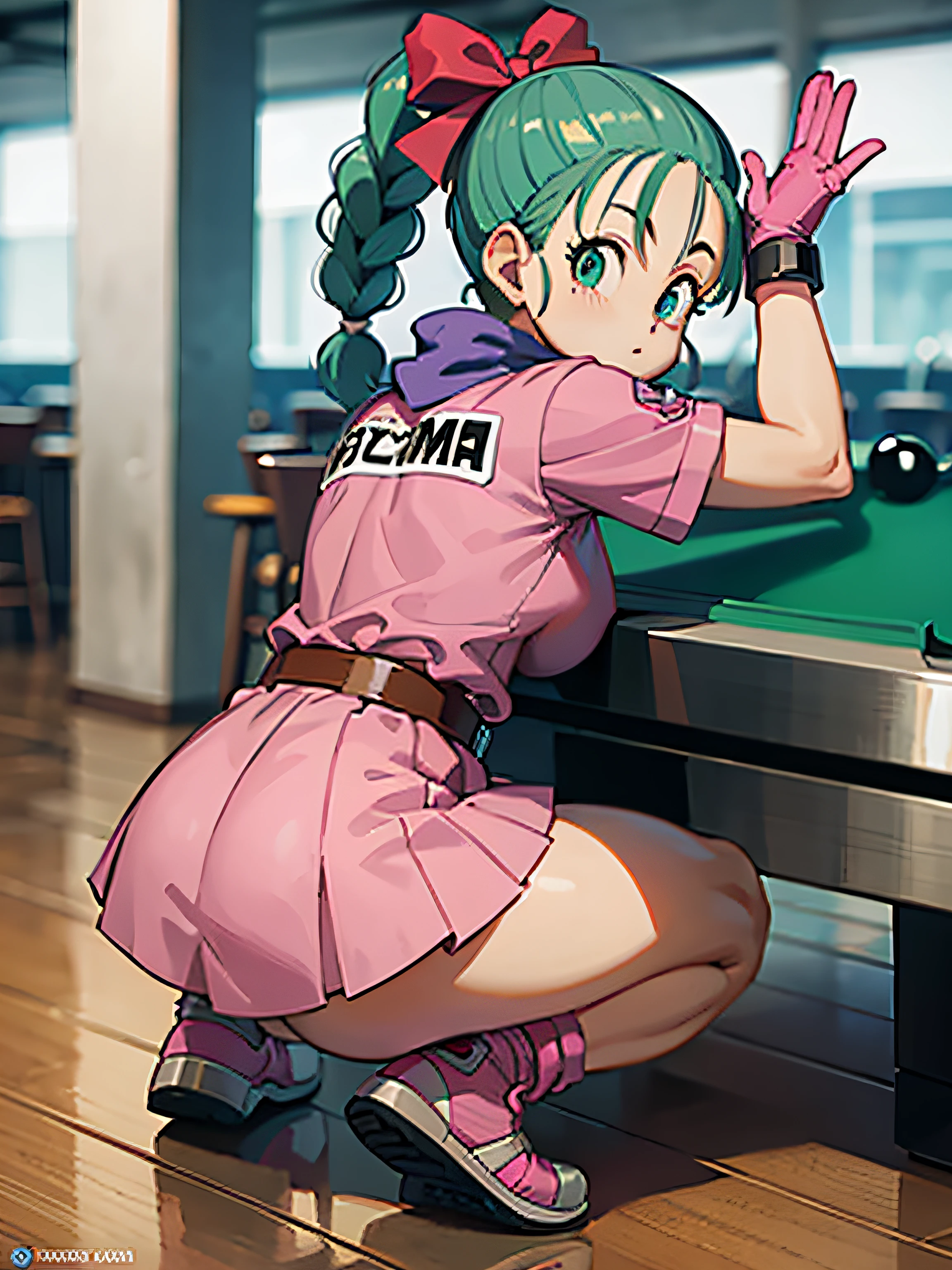 masterpiece, best quality, high resolution, dragon ball, blmpony, aqua hair, hair ribbon, braided ponytail, pink shirt, belt, scarf, pink skirt, clothes writing, brown gloves, medium breasts, in back pose, playing pool table, leaning on the pool table with her butt up high showing her ass, 
crouched leaning on a pool table with her ass exposed