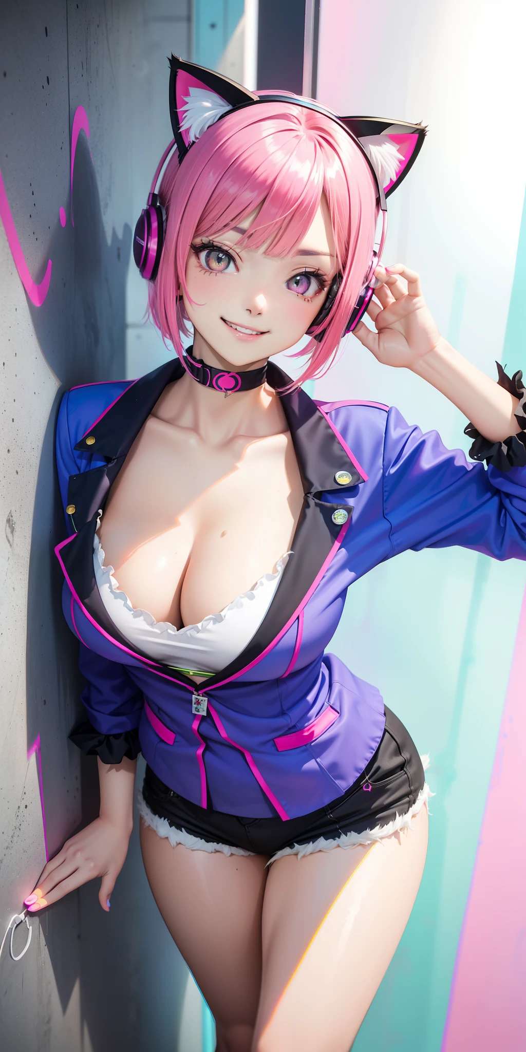 Big breasts ((sexy girl)) ((bright hair, vibrantly colored hair, neon purple and neon pink hair)), (((((Asymmetrical short cut, touch of discreet asymmetry, short, frayed or uniform haircut and with slightly irregular bangs or side parting that adds a touch of irregular and chic glamour))))) ((crystal yellow eyes)) extremely sexy body, ((elegant and sexy cyberpunk style clothes)), ((best quality)), ((wears cat ear headphones)), ((mischievous and attractive manner)) she is a cute woman, ((knowing smile)) charming pose, she is leaning forward, paint splashes on the wall