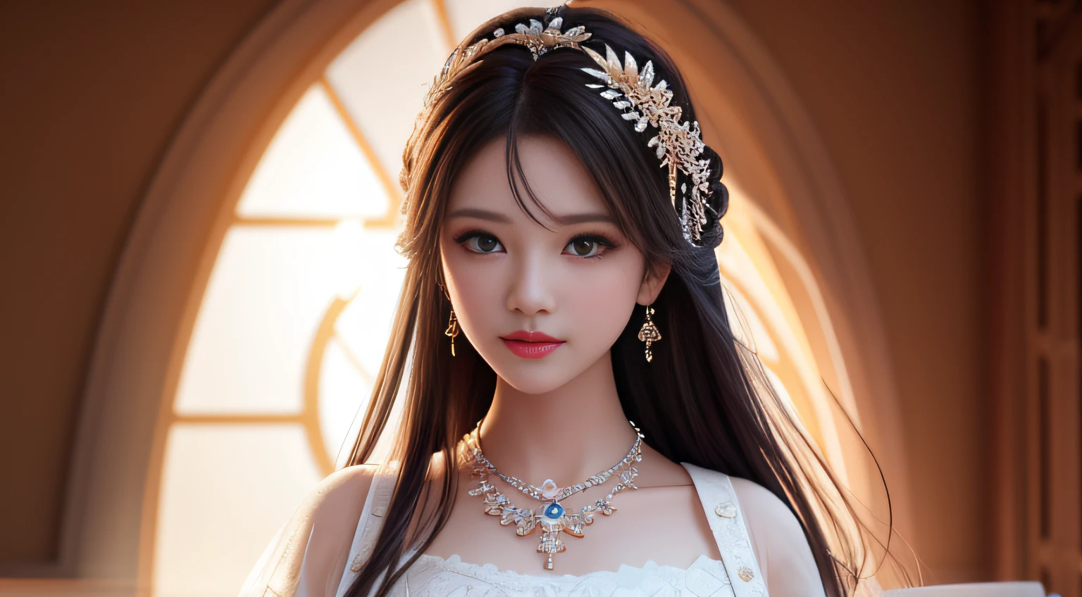 Best quality, masterpiece, high resolution, 1girl, porcelain dress, hair accessories, necklace, jewelry, beautiful face, on the body, Tyndall effect, realistic, dark studio, edge lighting, two-tone lighting, (high detail skin: 1.2), 8k UHD, dslr, soft light, high quality, volumetric light, candid, photo, high resolution, 4k, 8k, background blur,