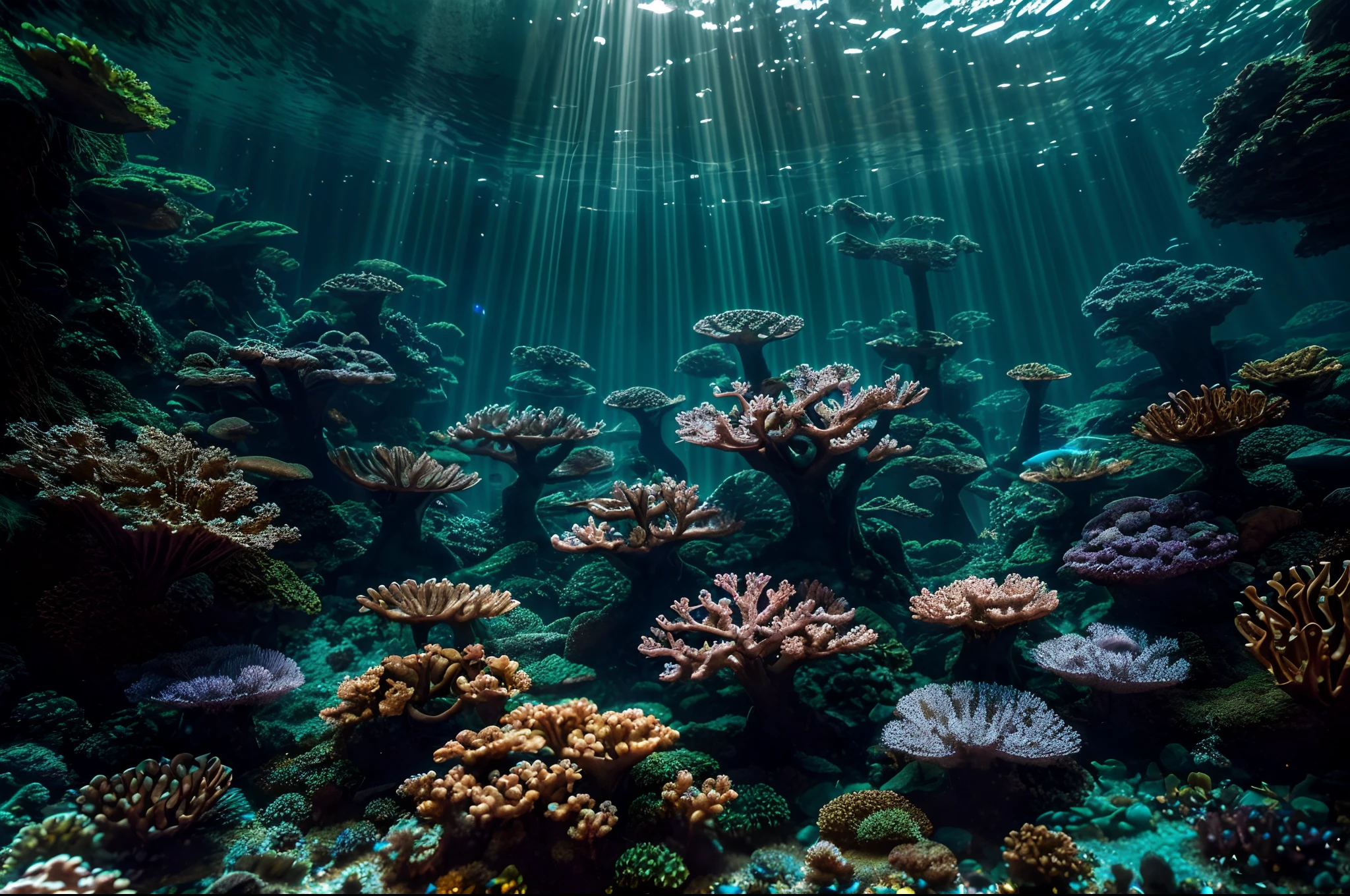 An intimate shot of a Dappled Light photo of underwater scene, bioluminescent flora, intricate coral formations, shimmering schools of fish, hidden underwater cave, ancient ruins, ethereal light rays, ((depth of field)), 8k, super detailed